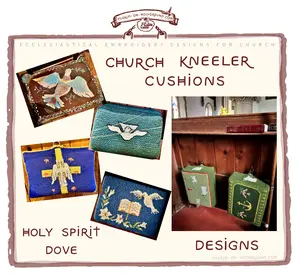 Church Kneeler Cushions  Holy Spirit Dove Christian Hassock designs with Peace Dove, Holy Spirit and Trinity bird Motif , ecclesiastical embroidery   discovered on my parish pilgrimage journey