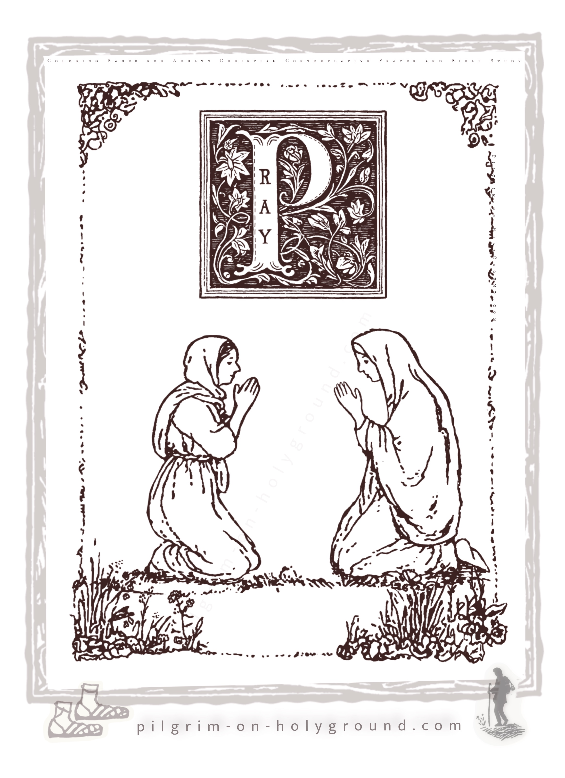2 women kneeling in prayer , illuminated letter P for Pray  picture to color 
catholic bible study for women resources