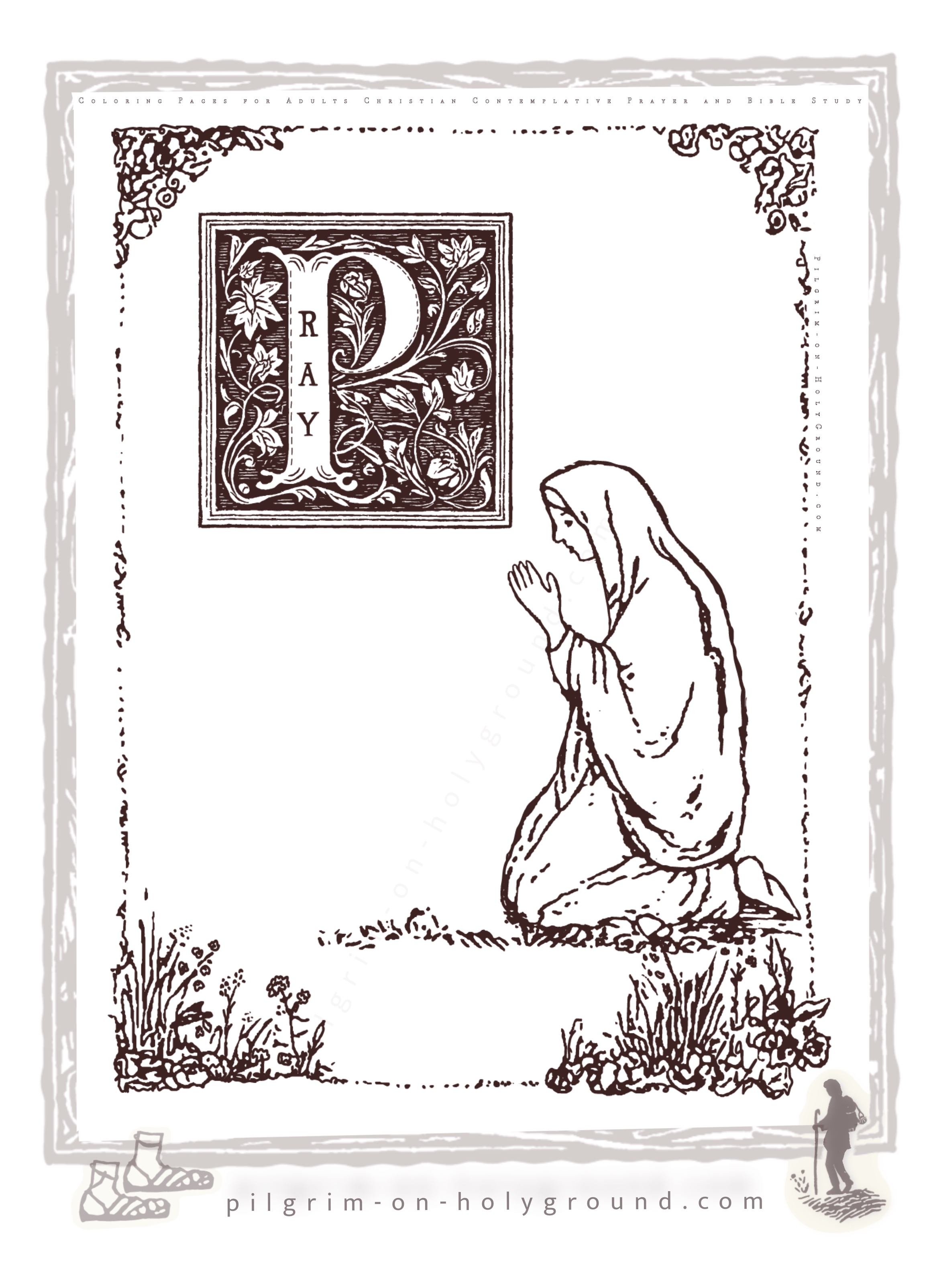 P for Prayer Coloring Pages For Adults Christian Veiled Woman kneeling in prayer with illuminated letter P for Pray