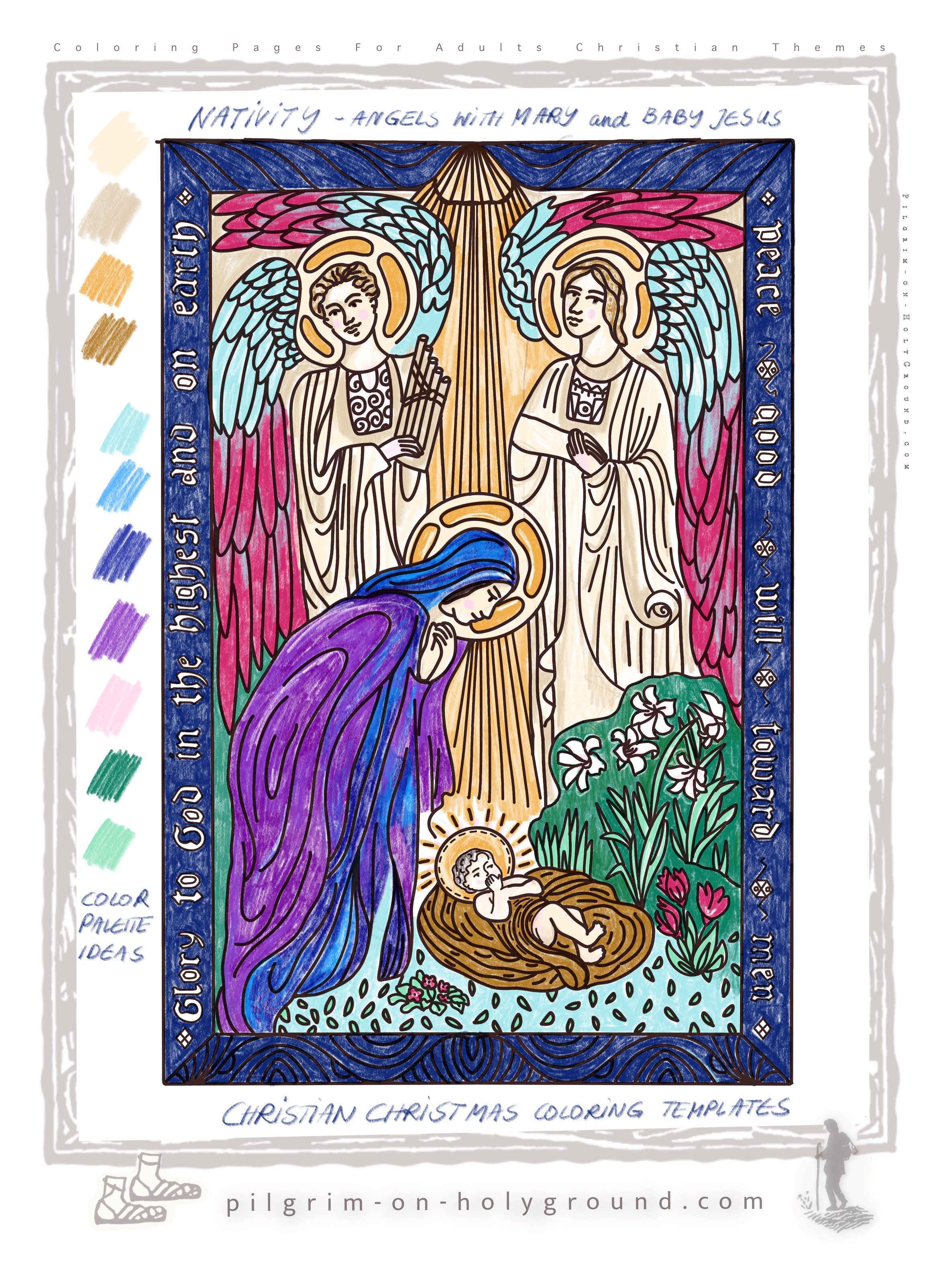 The Christmas Nativity
Bible Study for Women on Pilgrimage with color in sheets, printable card templates and nativity stained glass art pages to study and color Example Colored in With Color palette for Coloring Pages for Christian Nativity