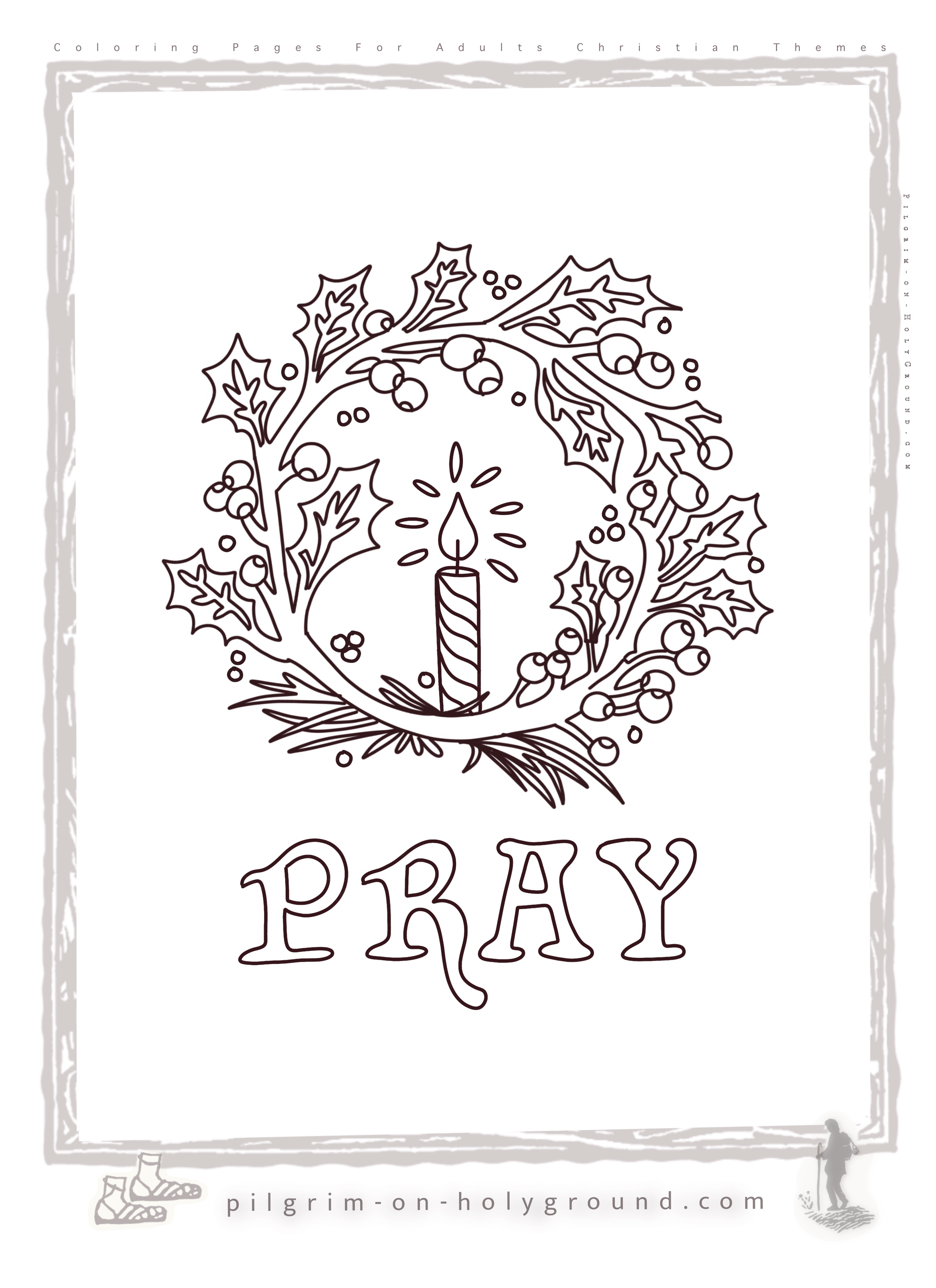 A hand drawn christmas wreath with holly leaves, berries and a candlight with a single lit candle in the middle. an Invitation to Pray with a free christian christmas coloring sheets collection A hand drawn christmas wreath with holly leaves, berries and a candlight with a single lit candle in the middle. an Invitation to Pray with a free christian christmas coloring sheets collection