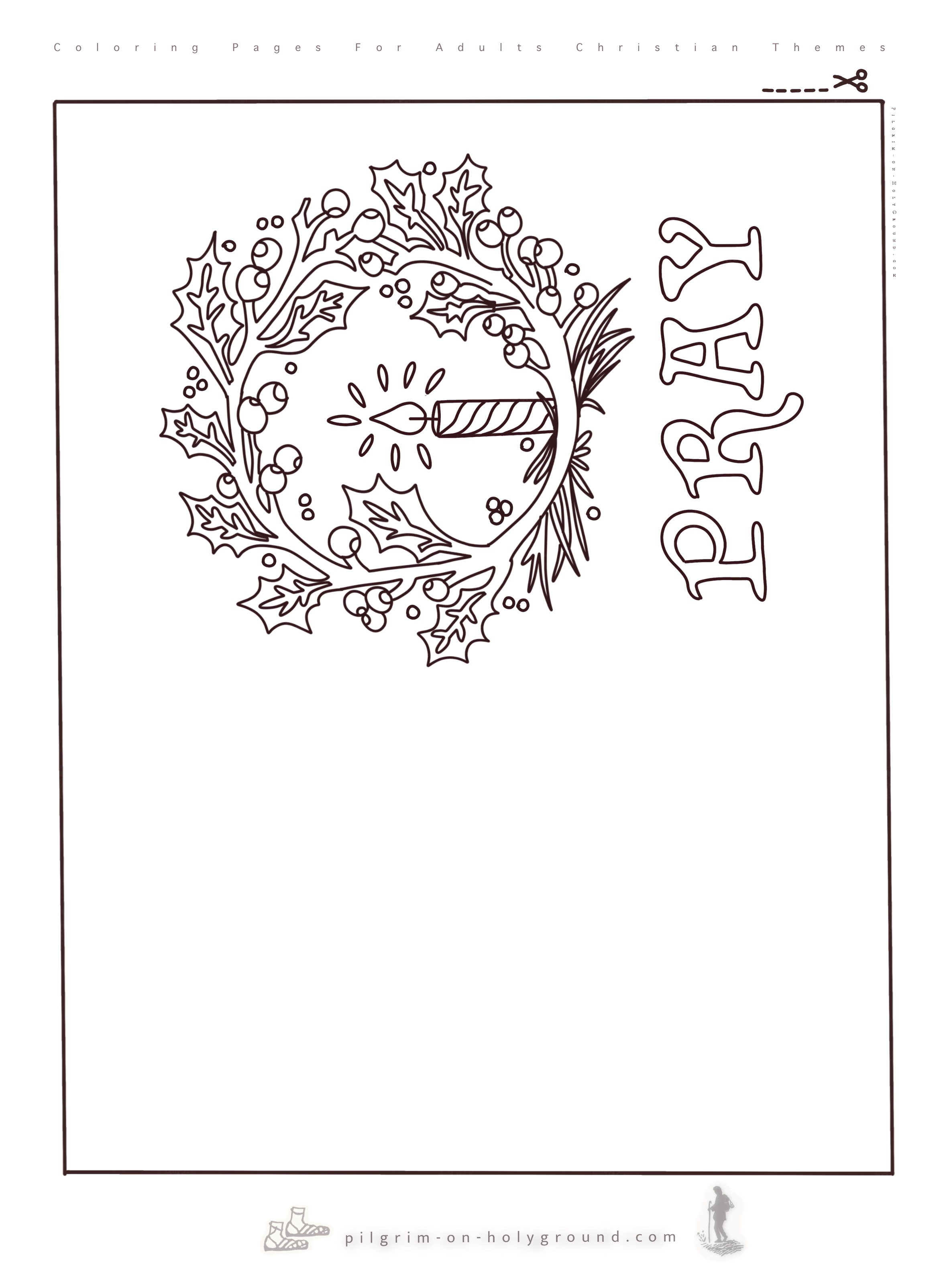 A hand drawn christmas wreath with holly leaves, berries and a candlight with a single lit candle in the middle. an Invitation to Pray with a free christian christmas coloring sheets collection A hand drawn christmas wreath with holly leaves, berries and a candlight with a single lit candle in the middle. an Invitation to Pray with a free christian christmas coloring sheets collection