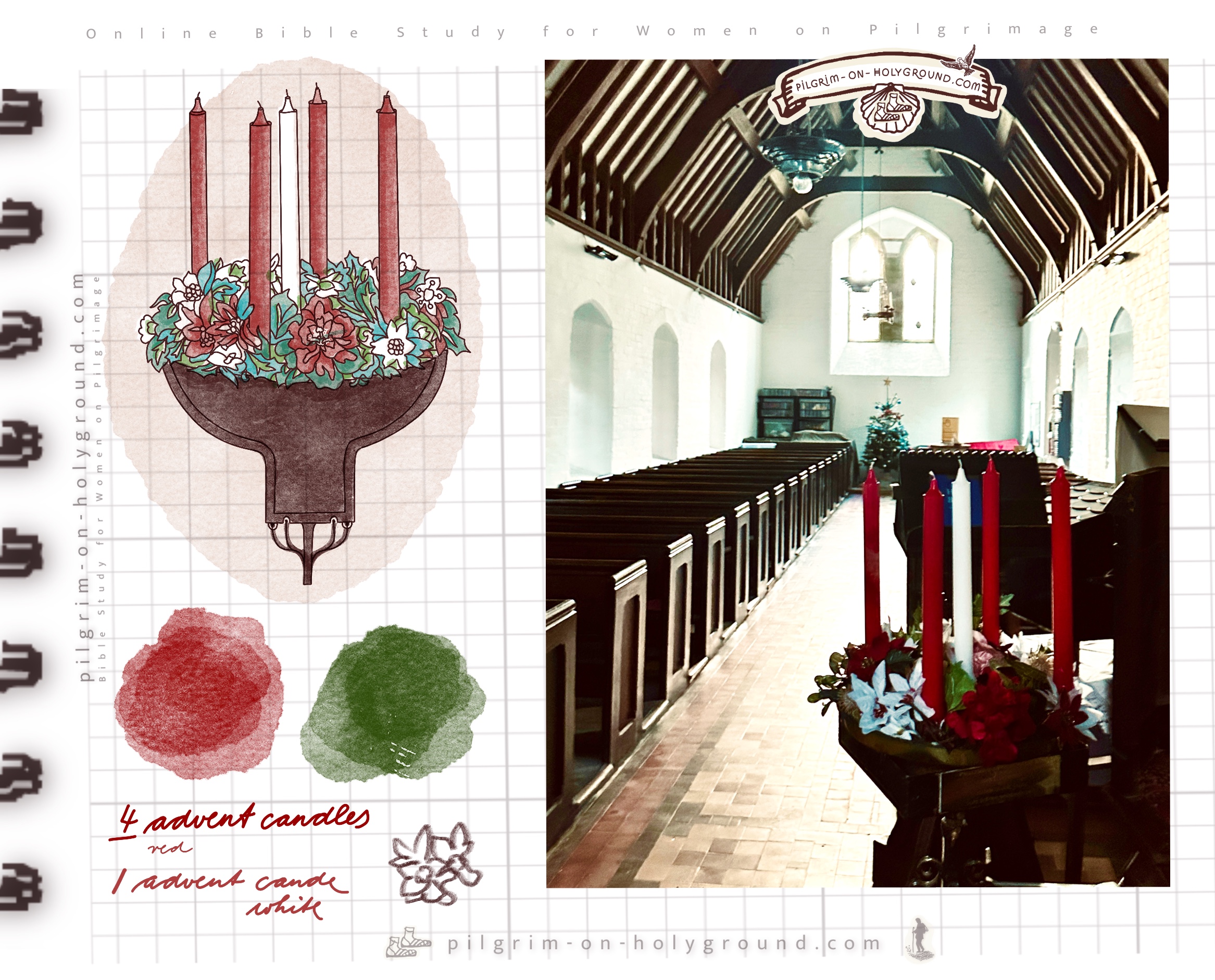 Traditional Church Colours for Advent decor.  Red White Green Advent Candles Wreath, Classic Advent on Church Font Inspiration pictures, my Pilgrimage Photos of Floral Arrangements for Christmas Church Decor