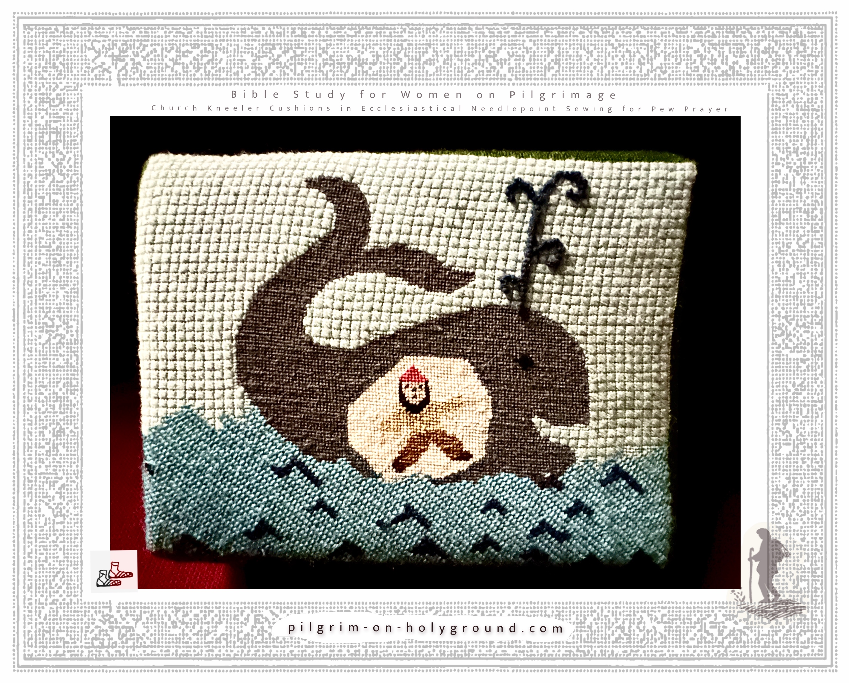 Church Kneeler Cushions in a pew From my pilgrimage travels , Ecclesiastical Sewing Needlepoint Designs for Prayer Cushion Pads Bible Verse Jonah and the Whale Old Testament Illustration 