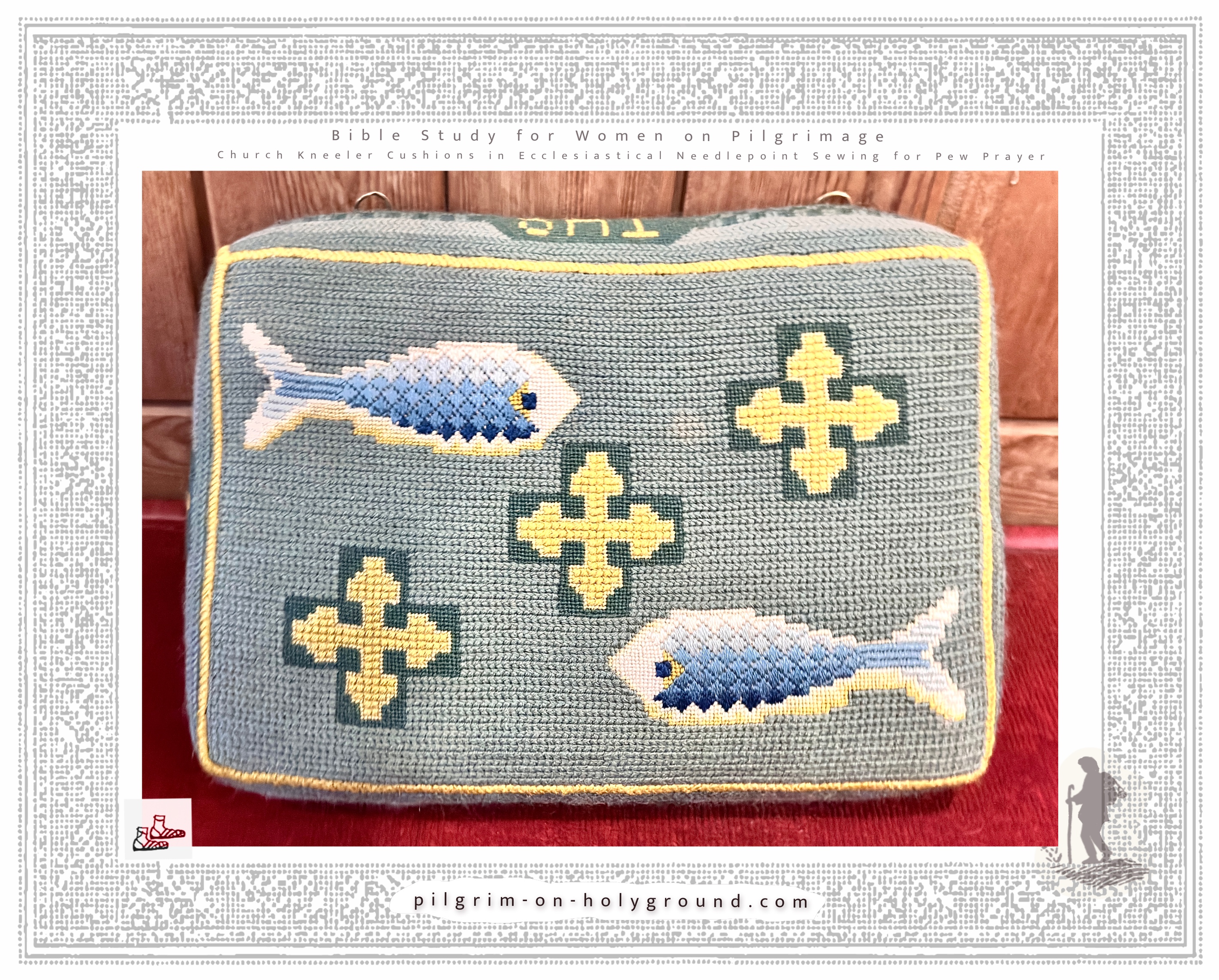 2 stitched fishes in gradient blue ombré embroidery thread with 3 Christian crosses intersecting the design diagonally through the center. in a pew from my parish pilgrimage travels 2 stitched fishes in gradient blue ombré embroidery thread with 3 Christian crosses intersecting the design diagonally through the center. Church Kneeler Cushions in a pew from my parish pilgrimage travels