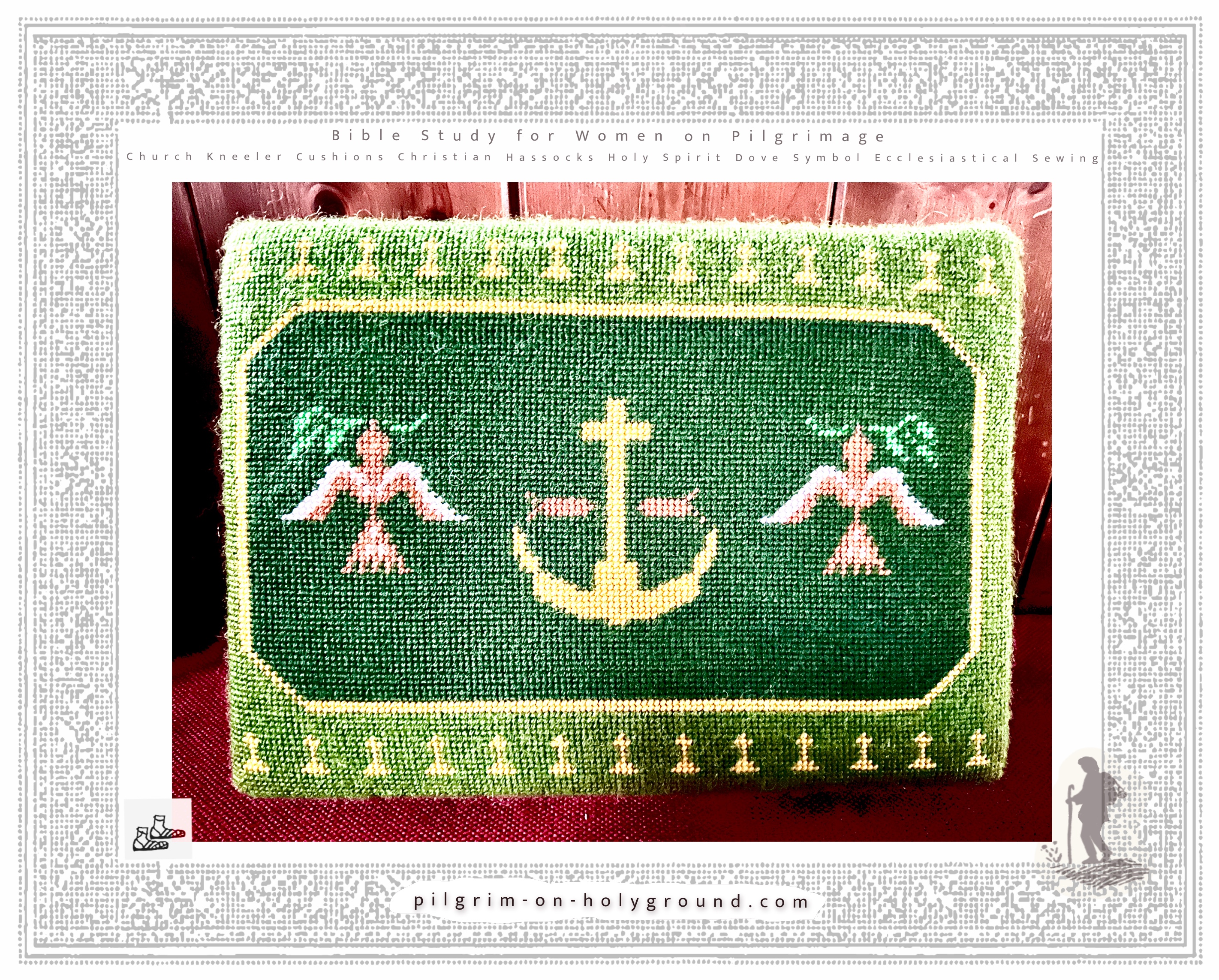 Hassock design in green with anchor, christian fish symbol and peace dove with olive branch