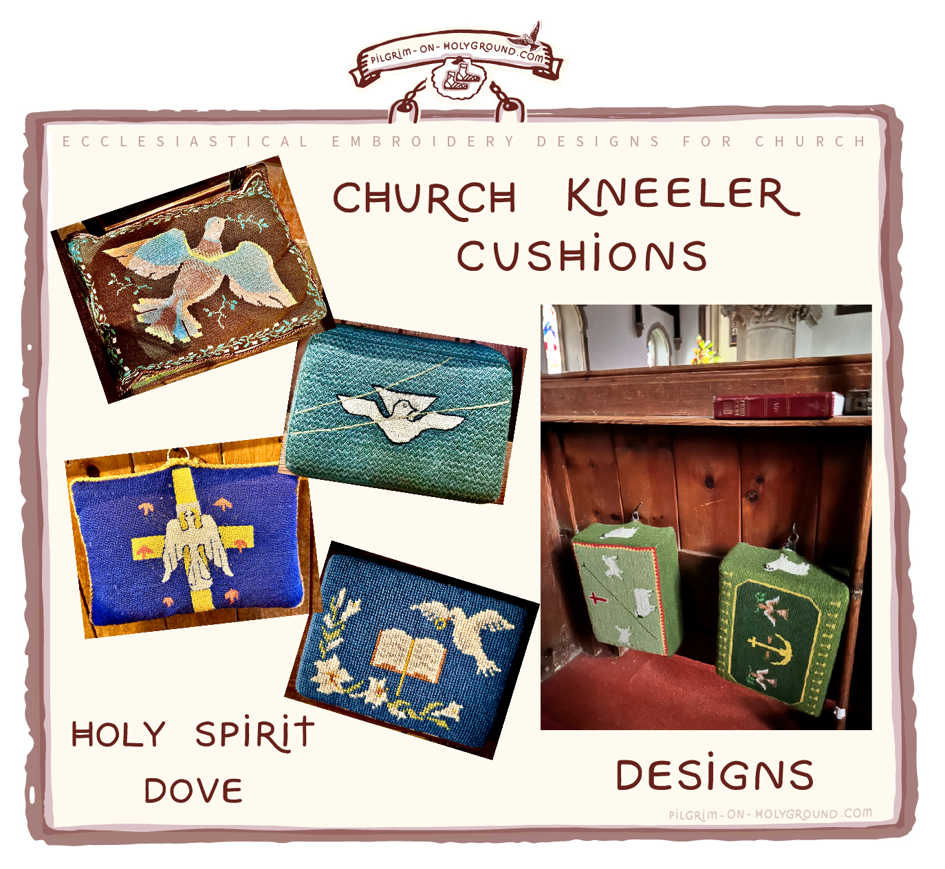 Church Kneeler Cushions  Holy Spirit Dove Christian Hassock designs with Peace Dove, Holy Spirit and Trinity bird Motif , ecclesiastical embroidery   discovered on my parish pilgrimage journey