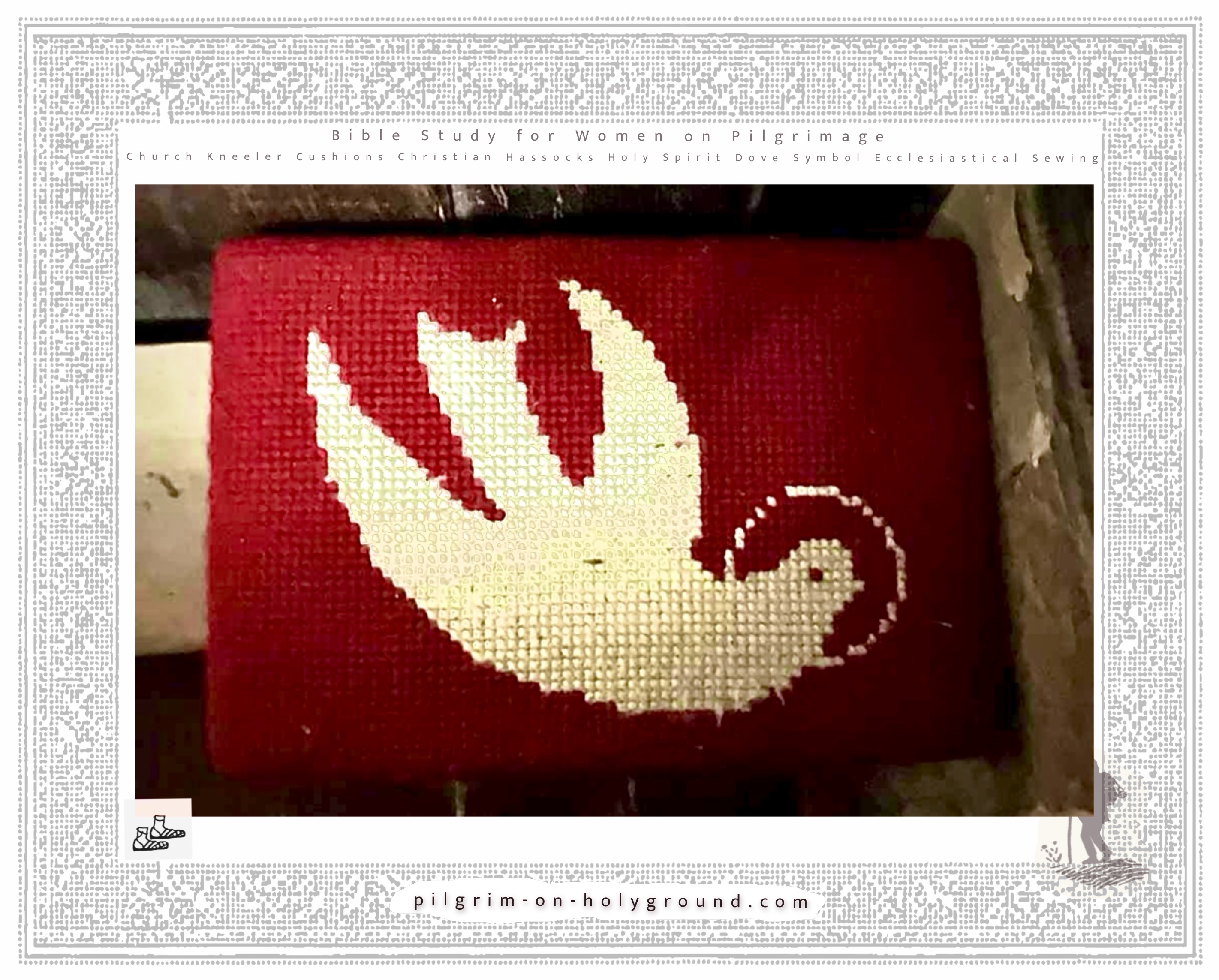 Church Keeler Cushions Holy Spirit Dove Christian Hassock Archive from Parish Church in England, Great Britain and Scotland. European Ecclesiastical Sewing Examples from my Church Pilgrimage Journeys Church kneeler cushions holy spirit dove Christian hassocks