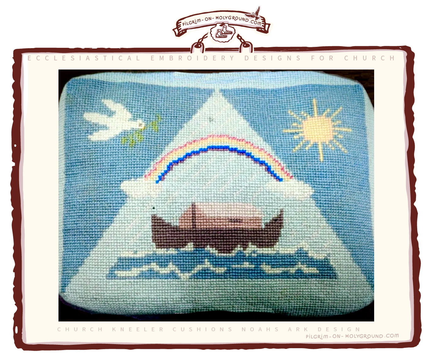 Noahs ark church kneelers cushion hassock design from my parish pilgrimage church journey. The flood and the peace white dove from biblical scripture scene Noahs ark church kneelers cushion hassock design from my parish pilgrimage church journey. The flood and the peace white dove from biblical scripture scene