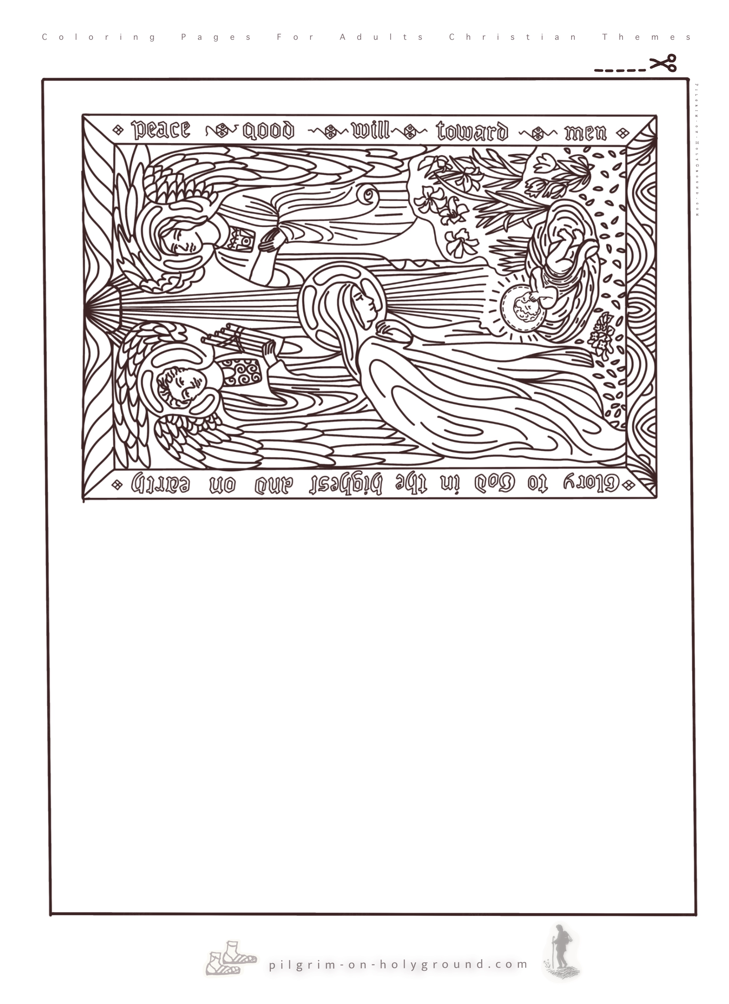 Coloring Pages for Christmas Nativity for Adults with smaller details to create a printable christmas card. Simply cut along the inner edge, color then fold the center Coloring Pages for Christmas Nativity for Adults with smaller details to create a printable christmas card. Simply cut along the inner edge, color then fold the center