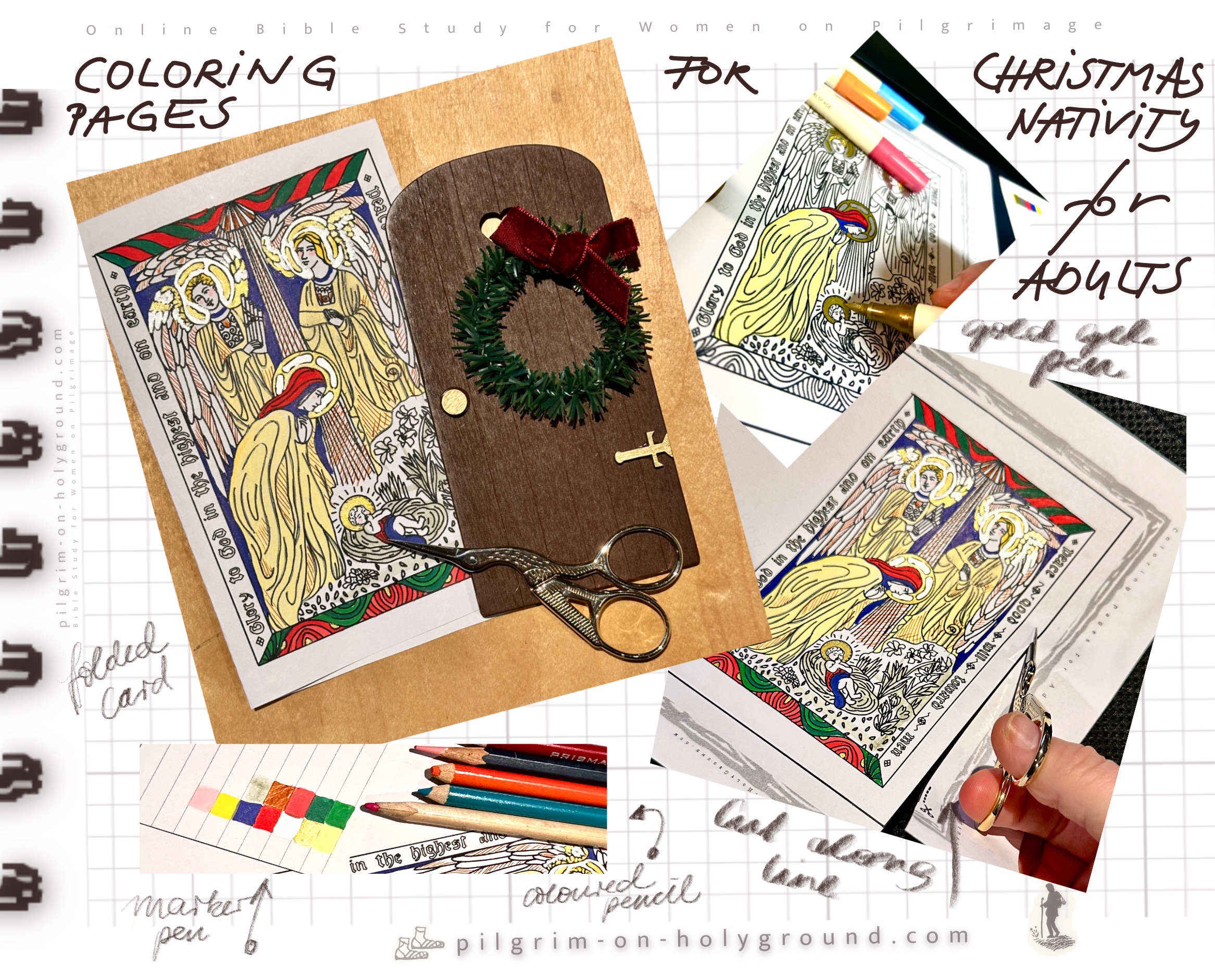 To print and make a Christian Christmas Card with coloring pages for Christmas Nativity 

you can print a smaller version of the nativity scene that is already arranged sideways so it can be cut along the frame line and folded