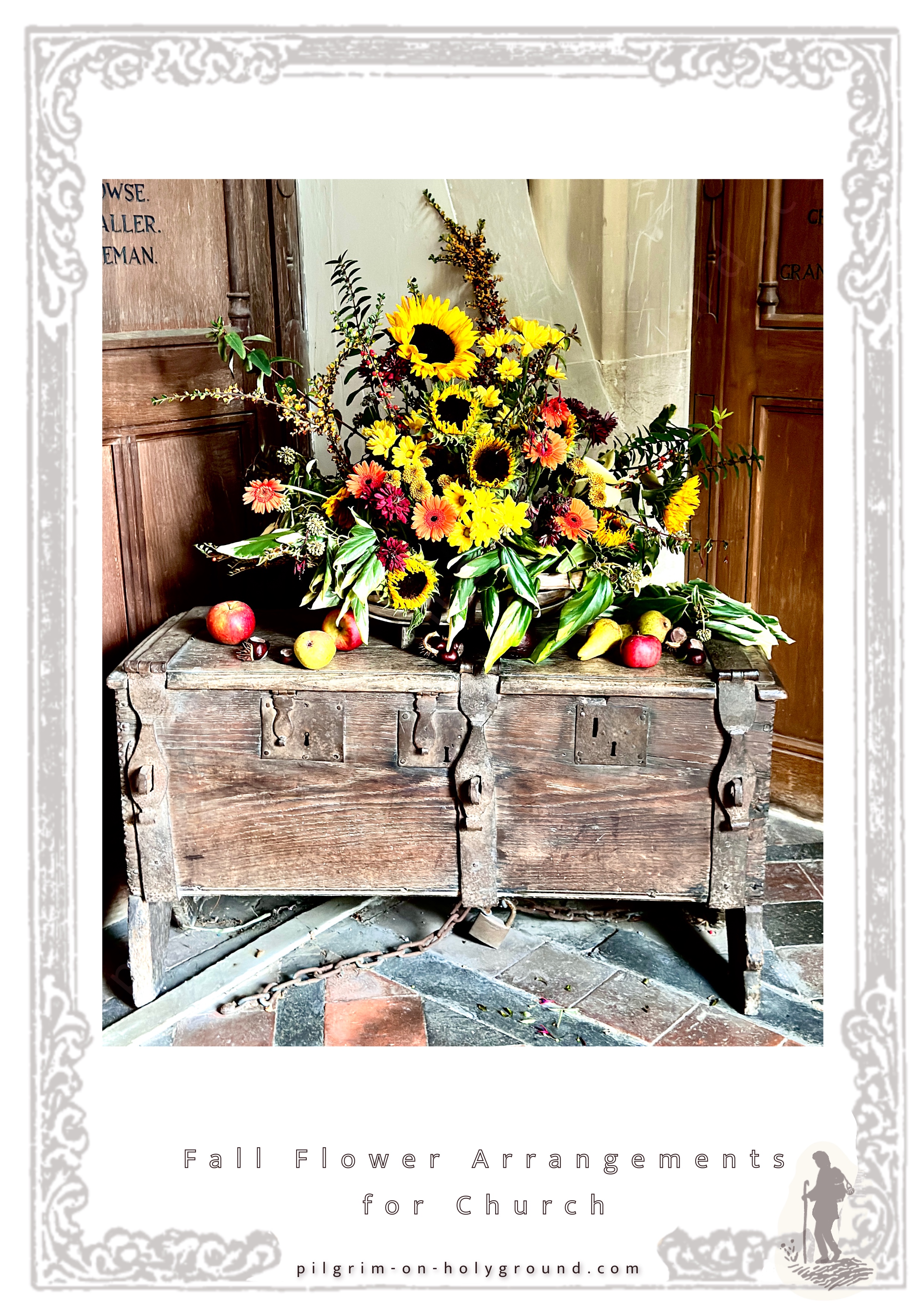 Fall floral arrangements for church sunflower Oak chest 