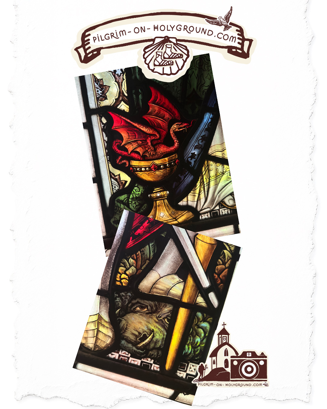 Found in Church on Pilgrims Way Journey, My Church Stained Glass Windows for Visio Divina, Church Kneelers Pics & Bible Study Resources on the Pilgrimage Road , Dragons in Stained Glass at Pilgrim on HolyGround