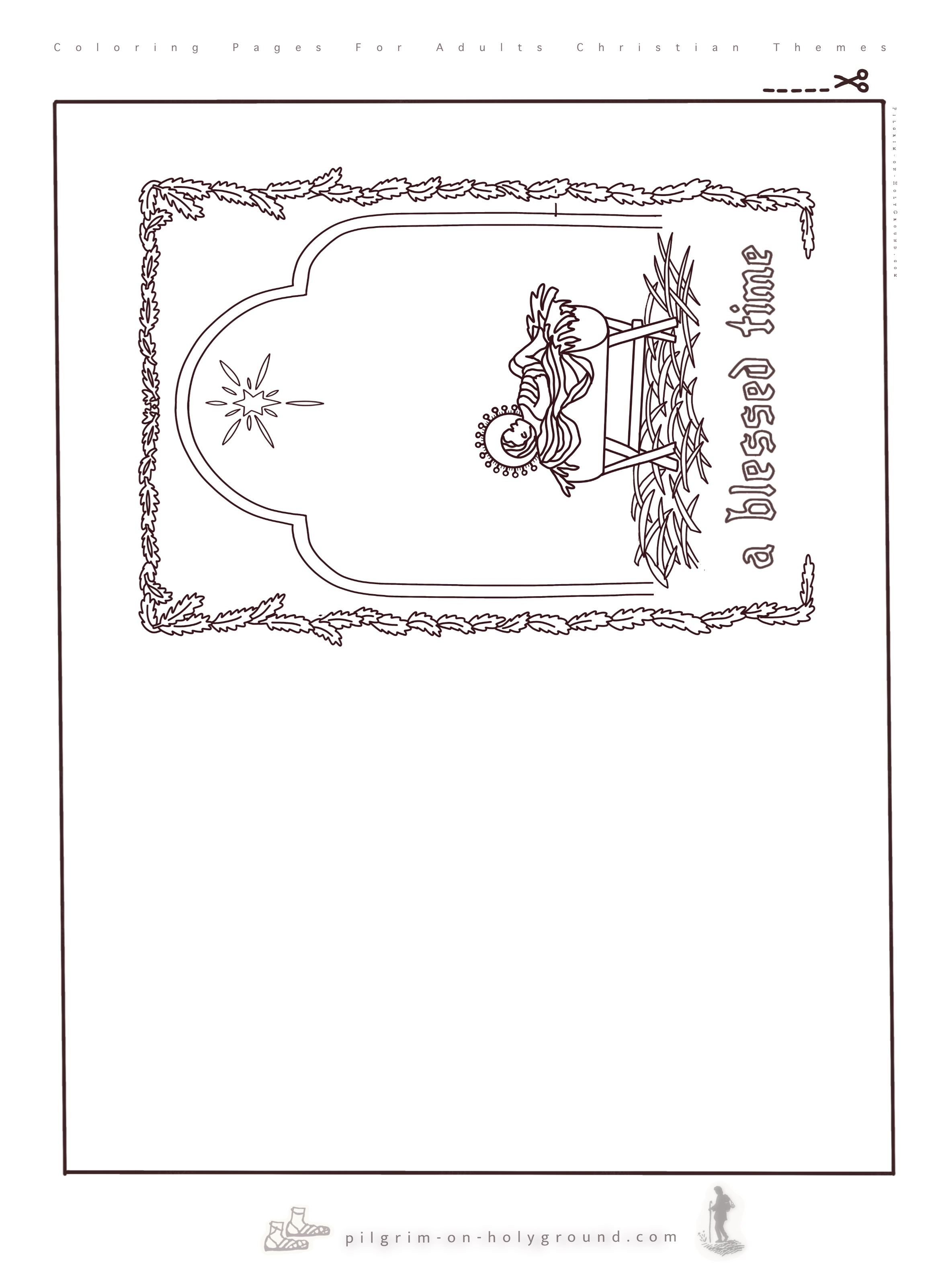 A blessed time, baby Jesus blessing christian coloring page , he is lying in a crib filled with hay underneath a manger stable arch, there is a star of bethlehem A blessed time, baby Jesus blessing christian coloring page , he is lying in a crib filled with hay underneath a manger stable arch, there is a star of bethlehem shining brightly above. a decorative winter foliage frame to complement