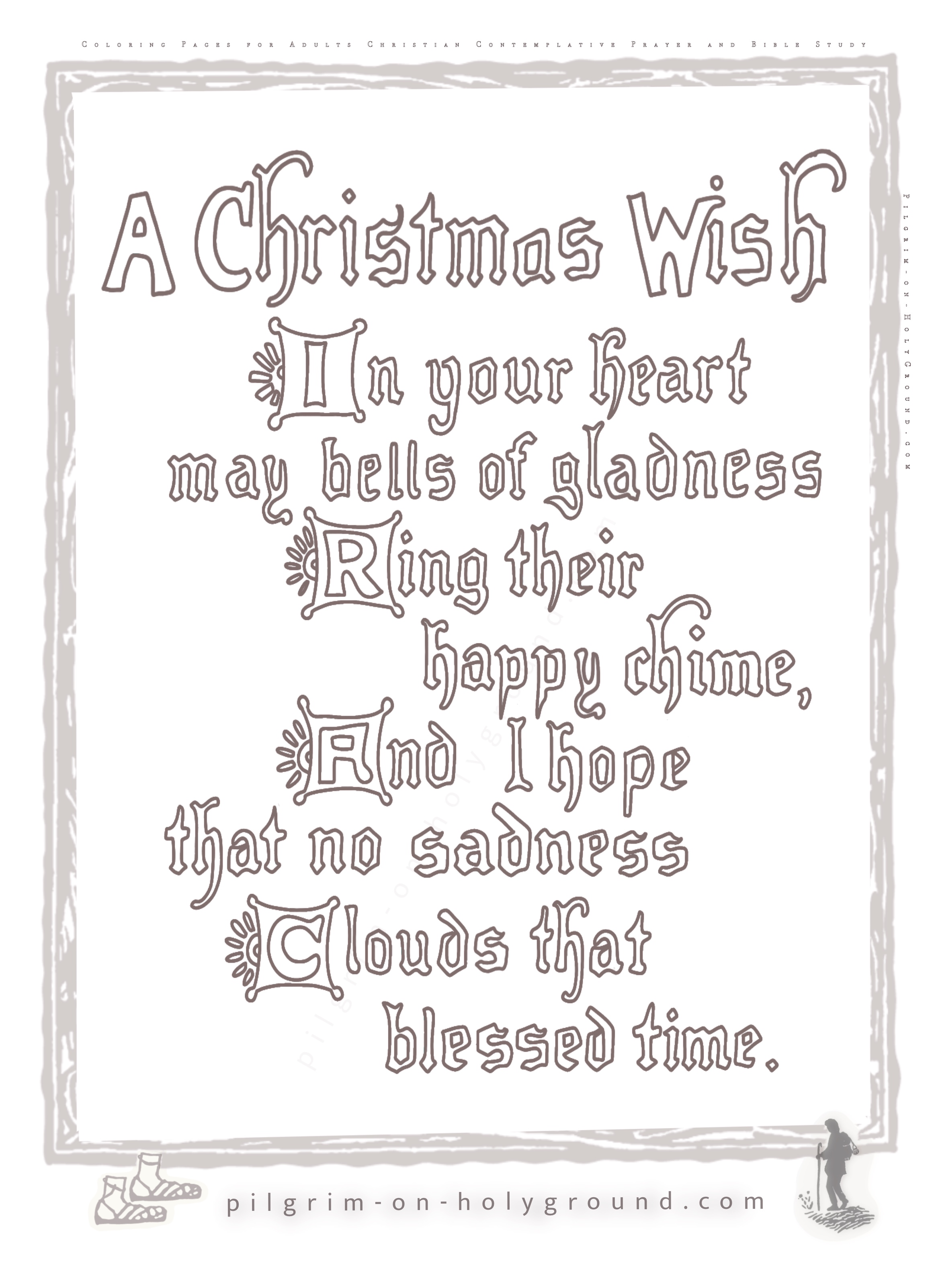 Free Christian Coloring PAges for Adults to Color in, Christmas Lettering to color , Free Christian Chrismtas coloring pages for adults with praying hands, a blessing ribbon and a Christmas wish text