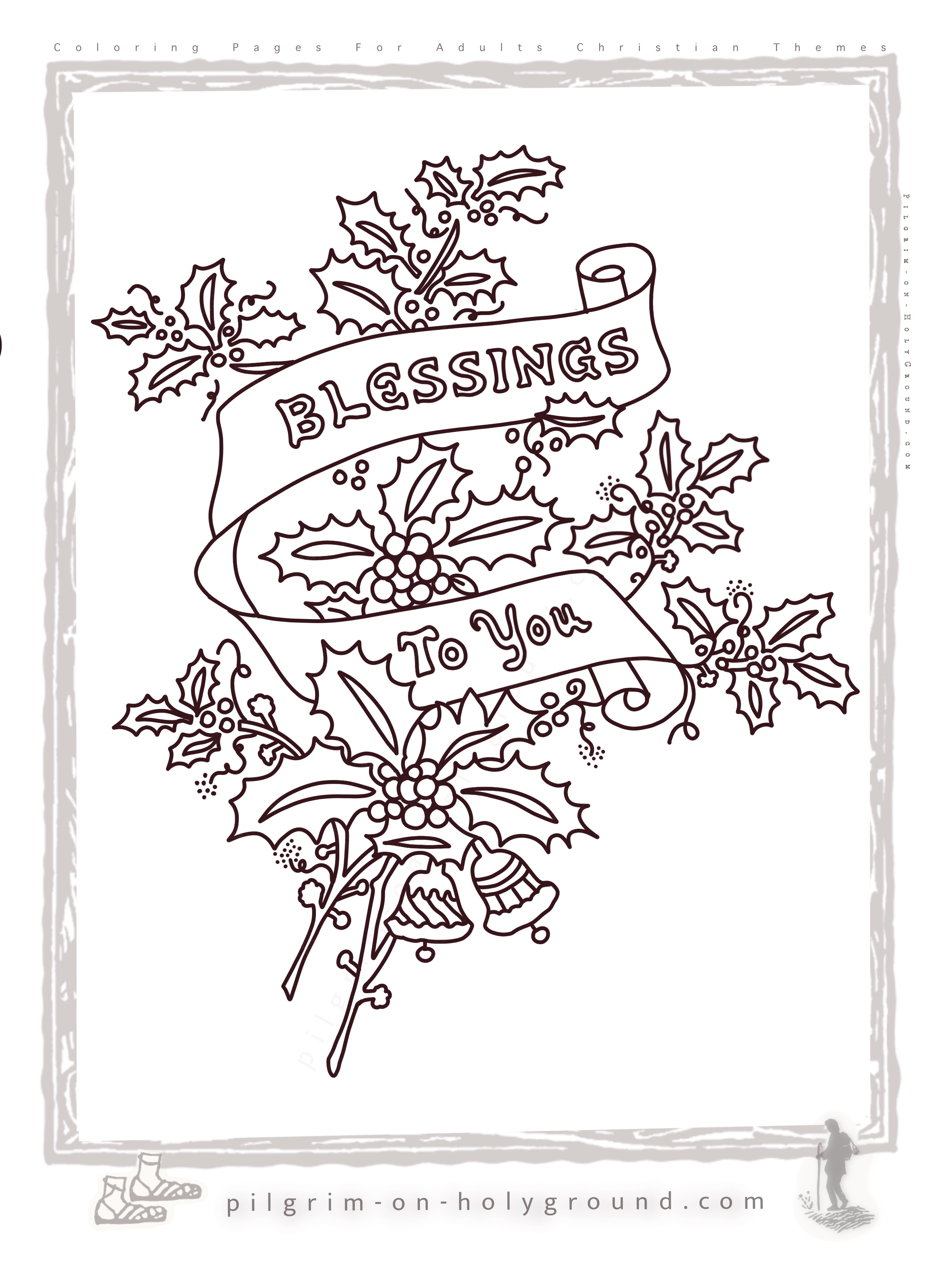 Free Christian Coloring PAges for Adults to Color in, Christmas Lettering to color , Free Christian Chrismtas coloring pages for adults with praying hands, a blessing ribbon and a Christmas wish text