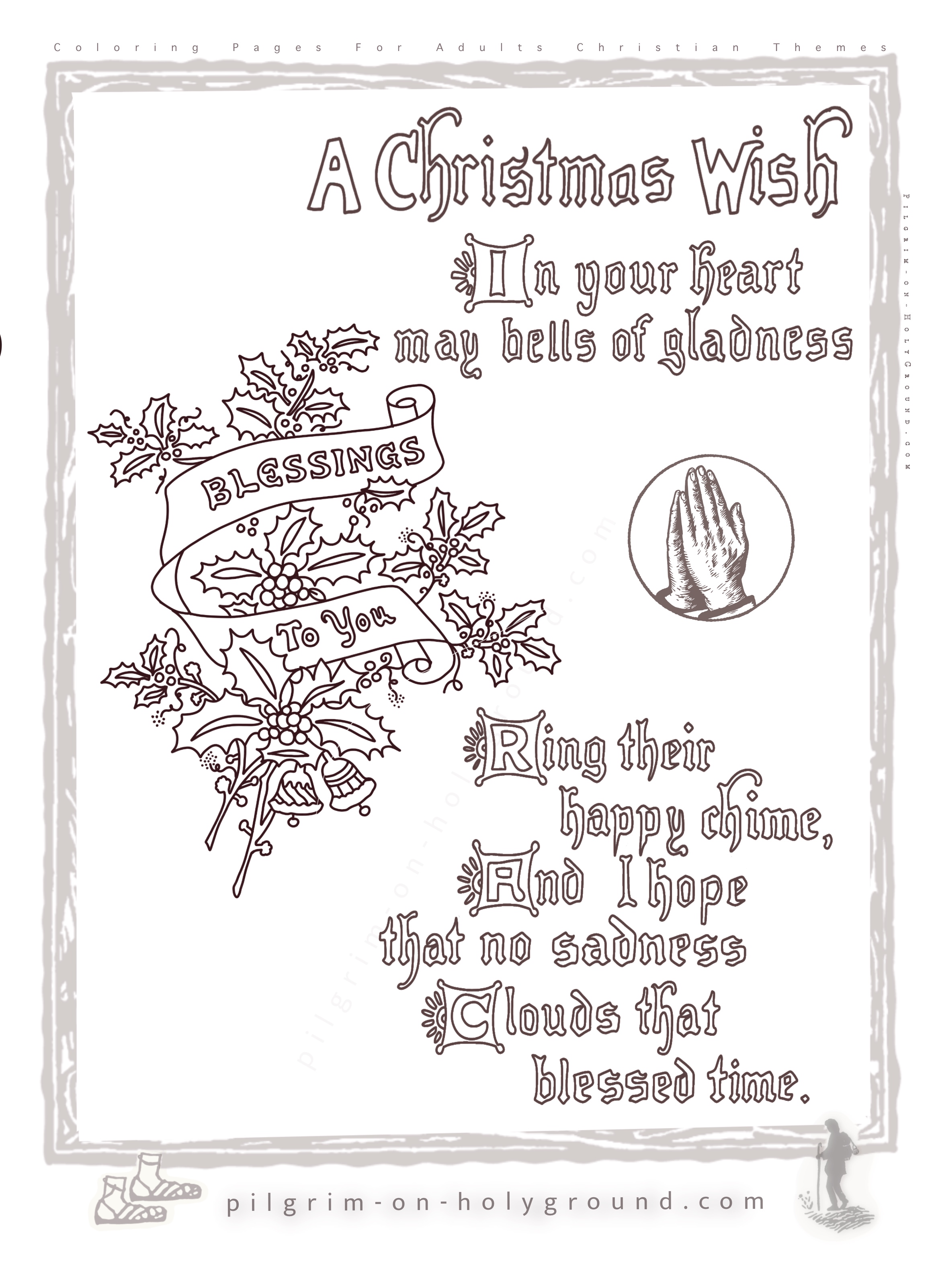 Free Christian Coloring PAges for Adults to Color in, Christmas Lettering to color , Free Christian Chrismtas coloring pages for adults with praying hands, a blessing ribbon and a Christmas wish text