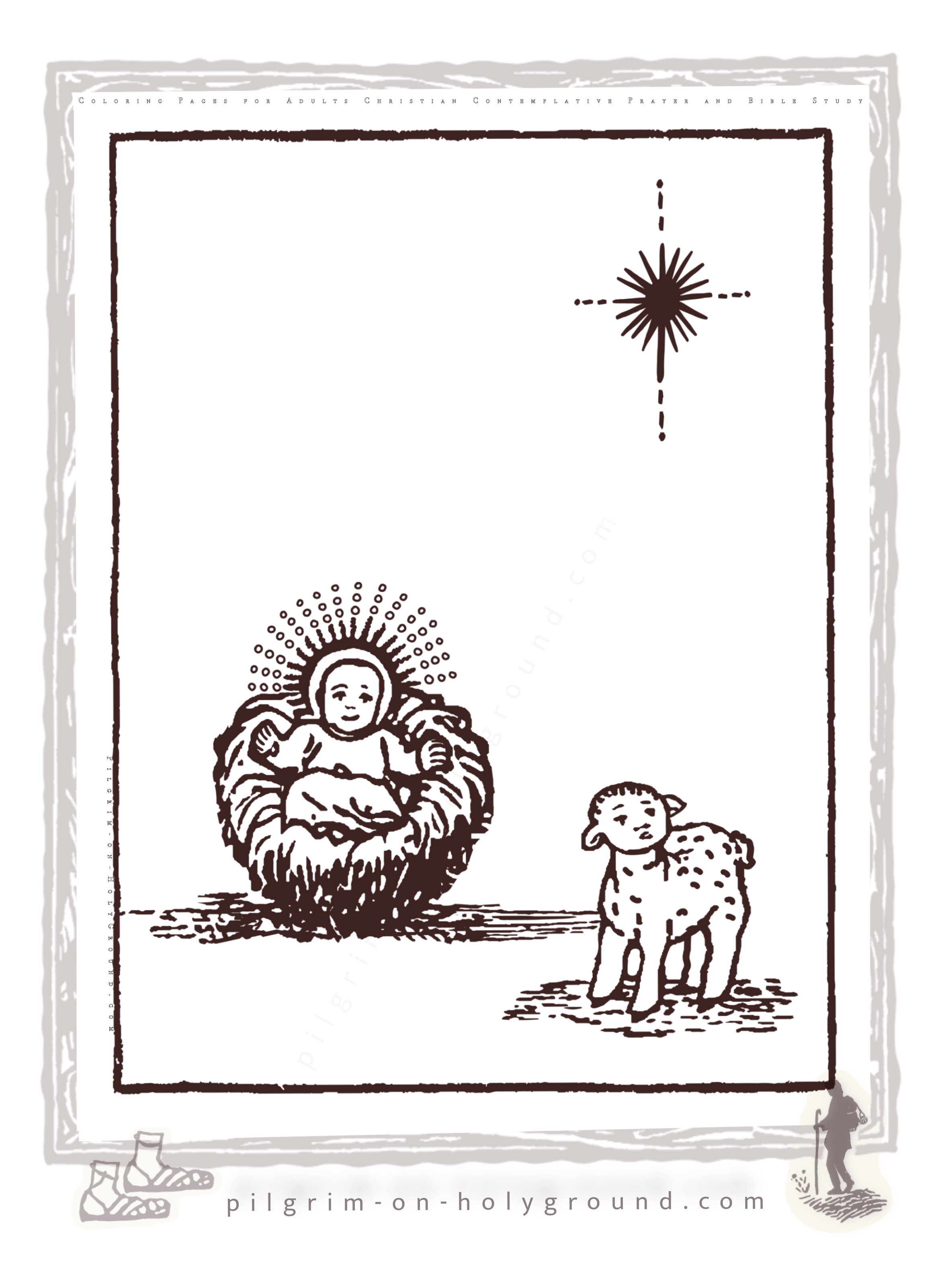 Baby Jesus in the Manger , little shepherds lamb  from above with star holy spirit light in the background to color
Free Christmas Coloring Pages Adult Scripture Themes