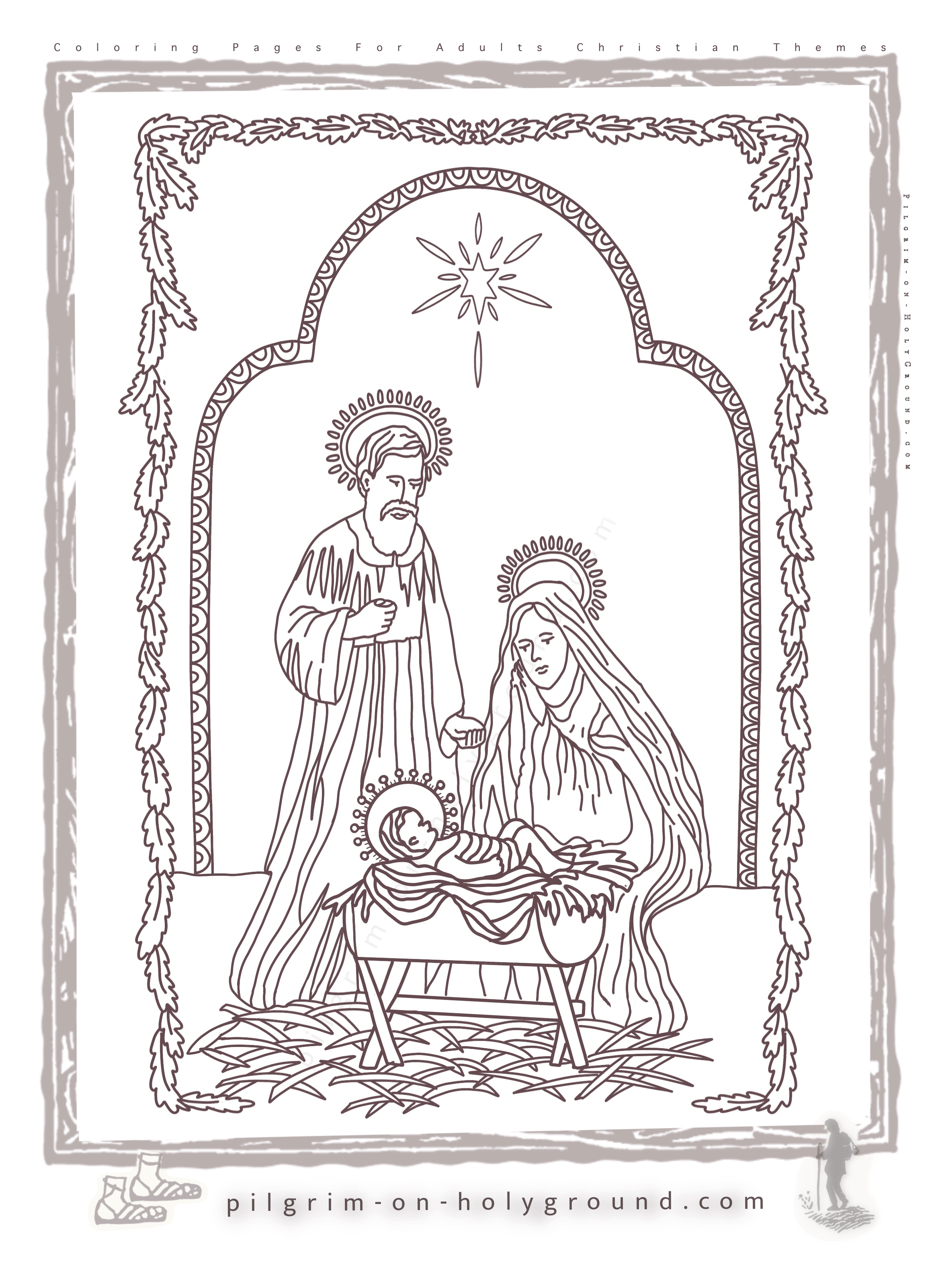 Beautiful frame for nativity coloring pages for adults christian christmas themes. with Mary and Joseph and Baby Jesus in the crib , a simple manger frame surrounding it