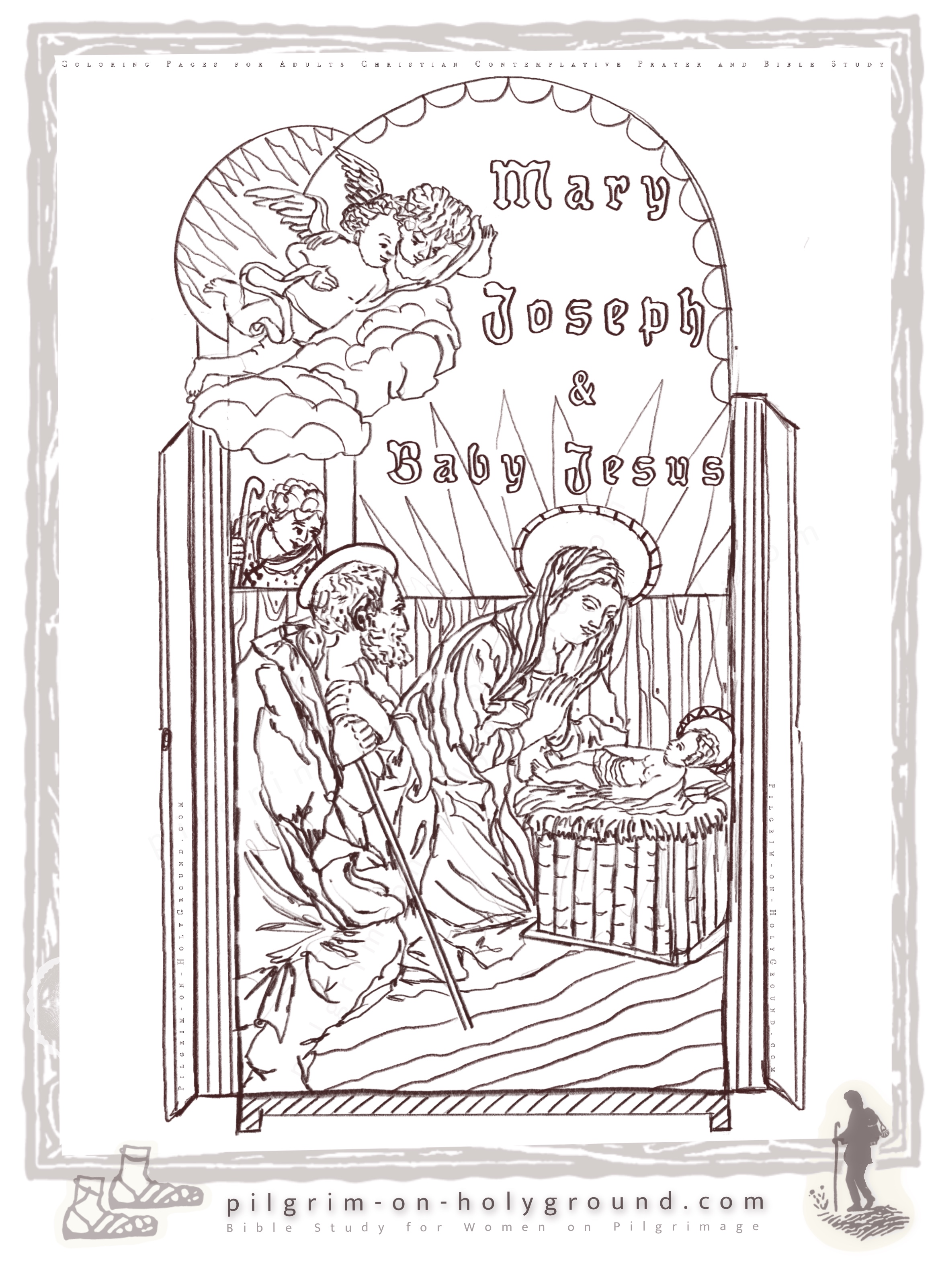 Mary Joseph and Baby Jesus in the Manger , Angels looking on down from above with star holy spirit light in the background to color
Free Christmas Coloring Pages Adult Scripture Themes