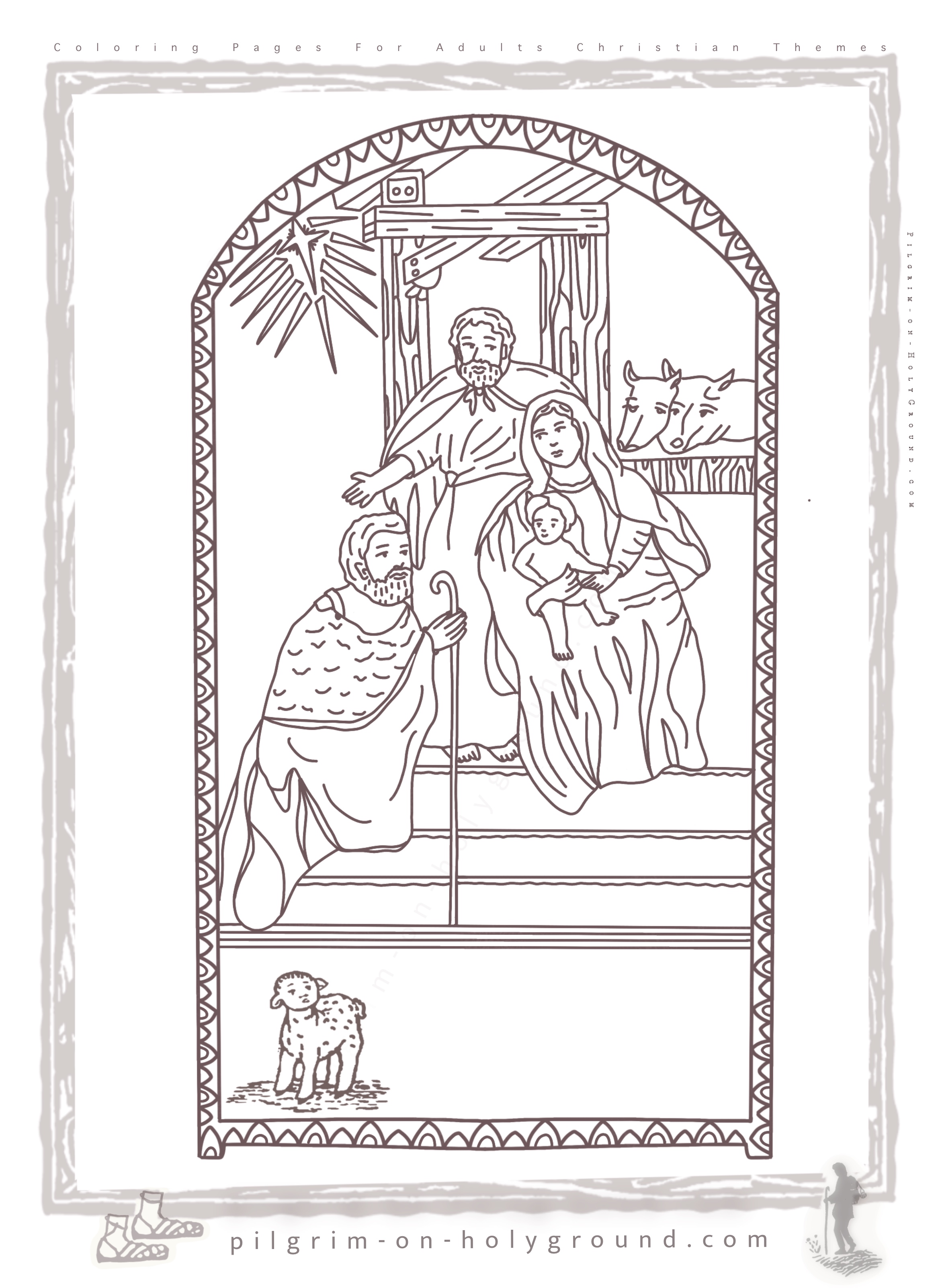 Mary and Joseph with MAry holding baby jesus on her lap and the shephard looking on with a little sheep, Christian Christmas Coloring Pages printable