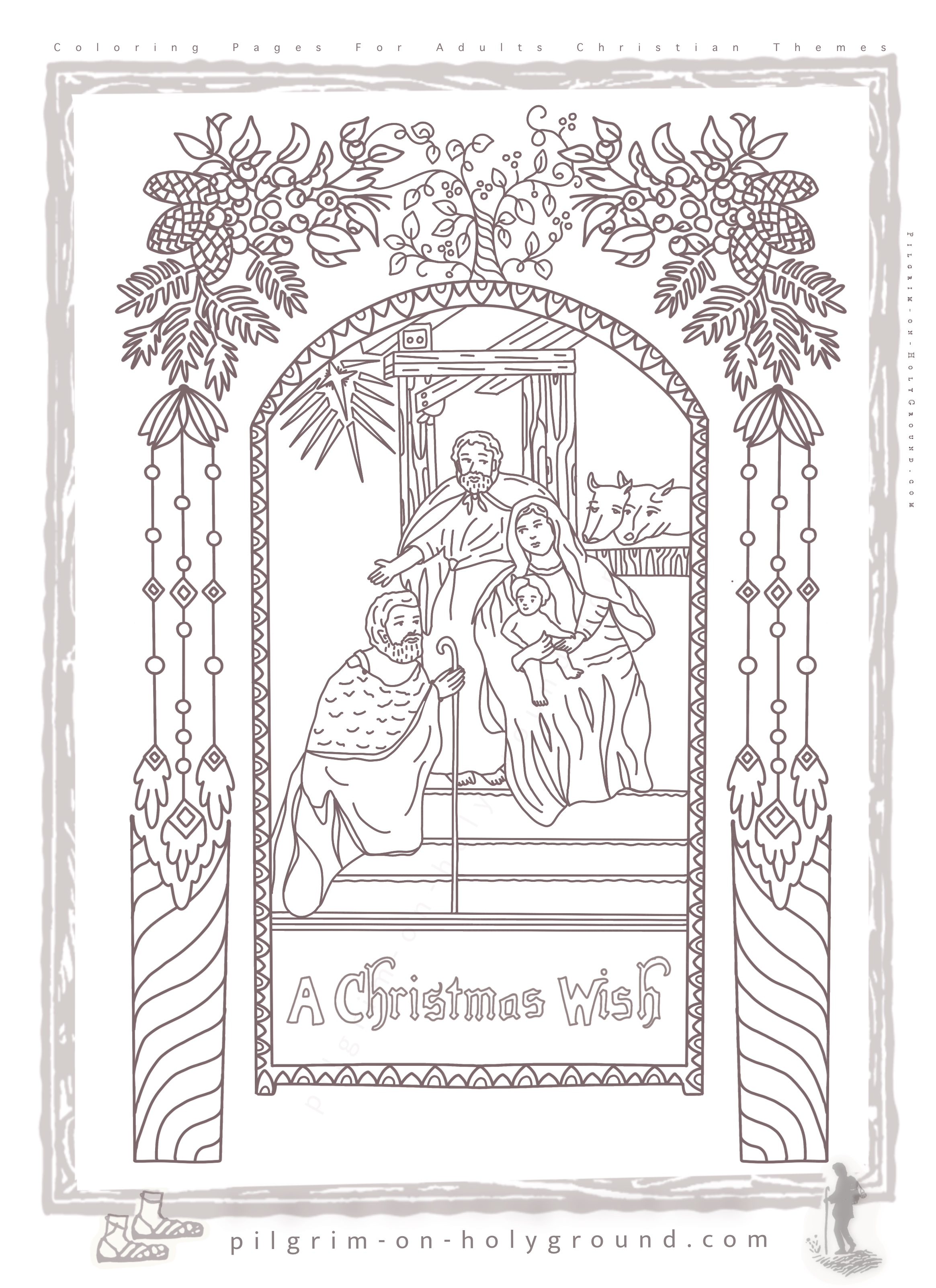 Christian Christmas Coloring pages with an ornate frame , the shepherd arriving at Bethlehem manger to see baby Jesus, Mary and Joseph