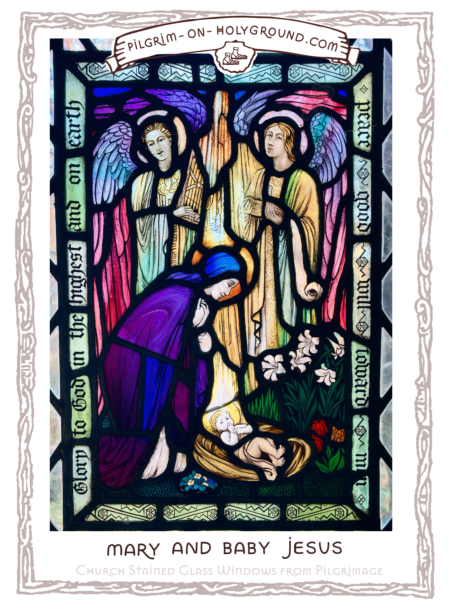 a simple nativity church glass window scene with Mary sitting on a makeshift manger bed, which seems to be made of wood filled with clean straw