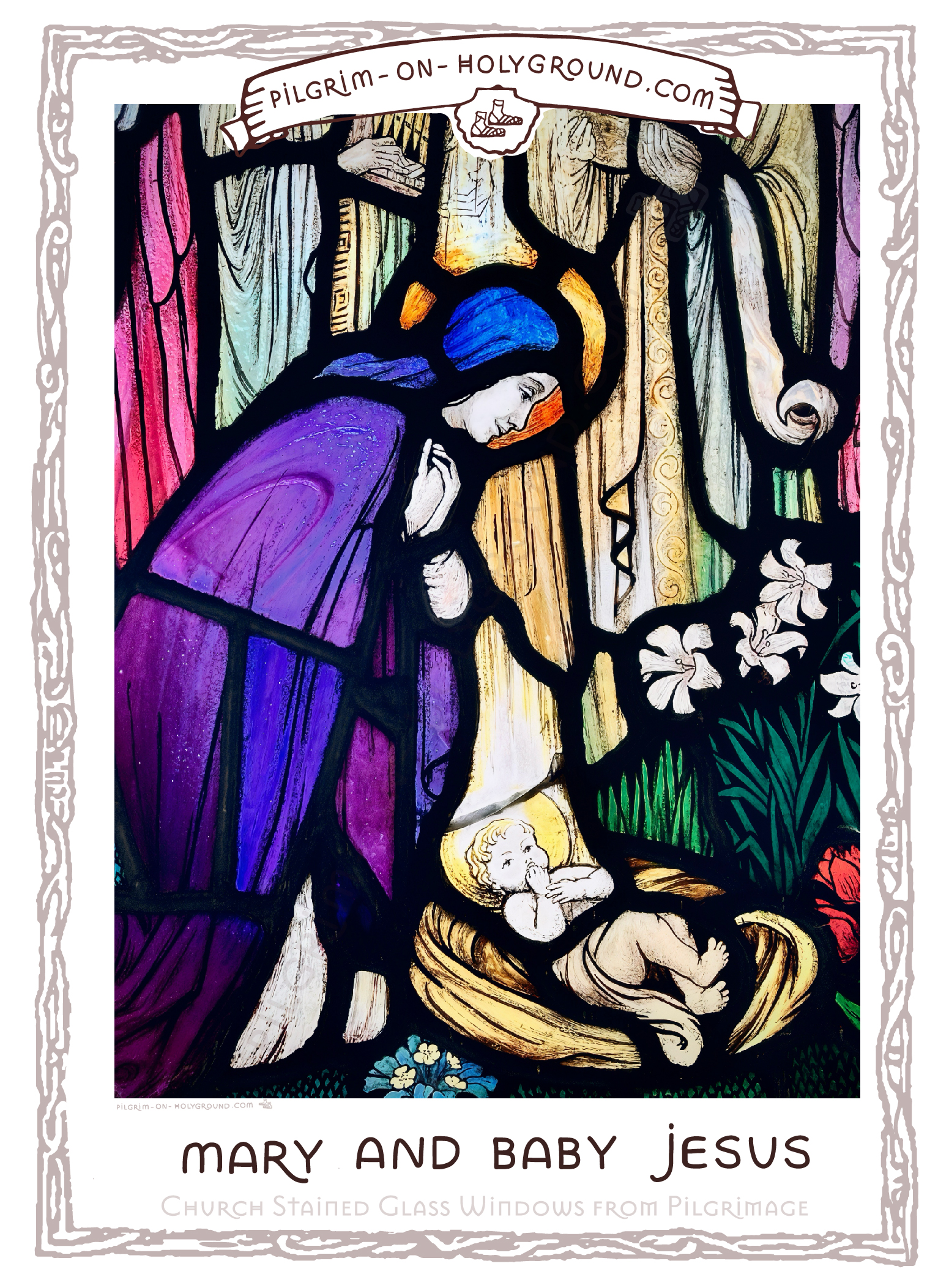 Nativity Church Stained Glass Windows Here a closeup of the simple woven or even draped swaddling cloth makeshift basket that rests on a floor of green foliage, white lily flower blooms Nativity Church Stained Glass Windows Here a closeup of the simple woven or even draped swaddling cloth makeshift basket that rests on a floor of green foliage, white lily flower blooms ( Mary biblical symbol of purity ) Pilgrim on HolyGround Closeup