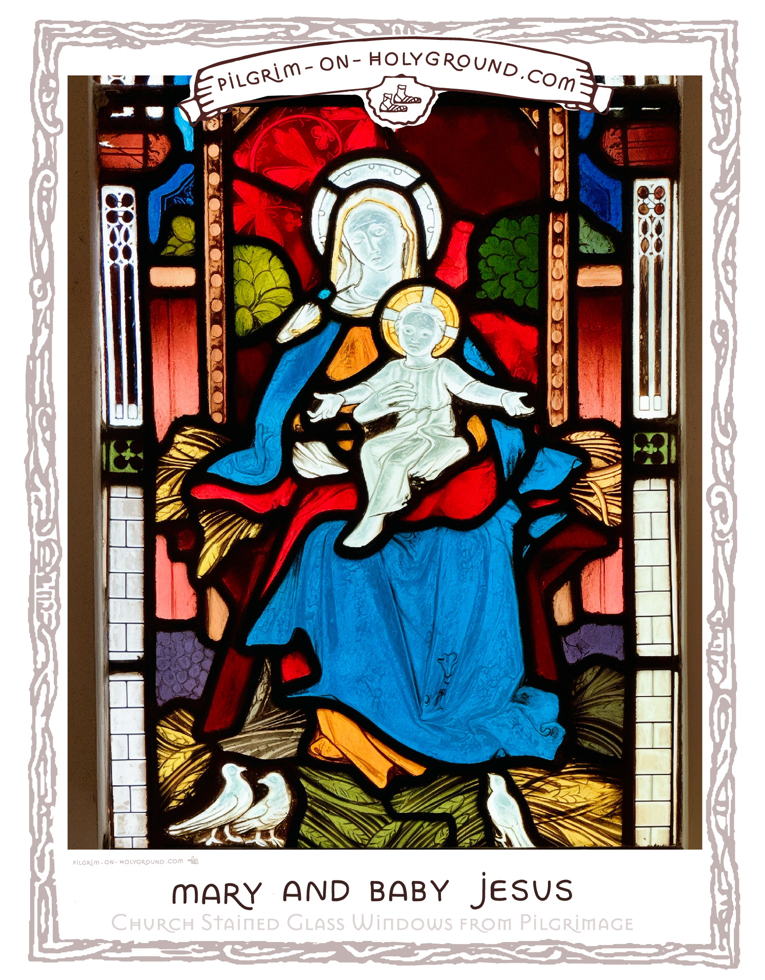 a simple nativity church glass window scene with Mary sitting on a makeshift manger bed, which seems to be made of wood filled with clean straw