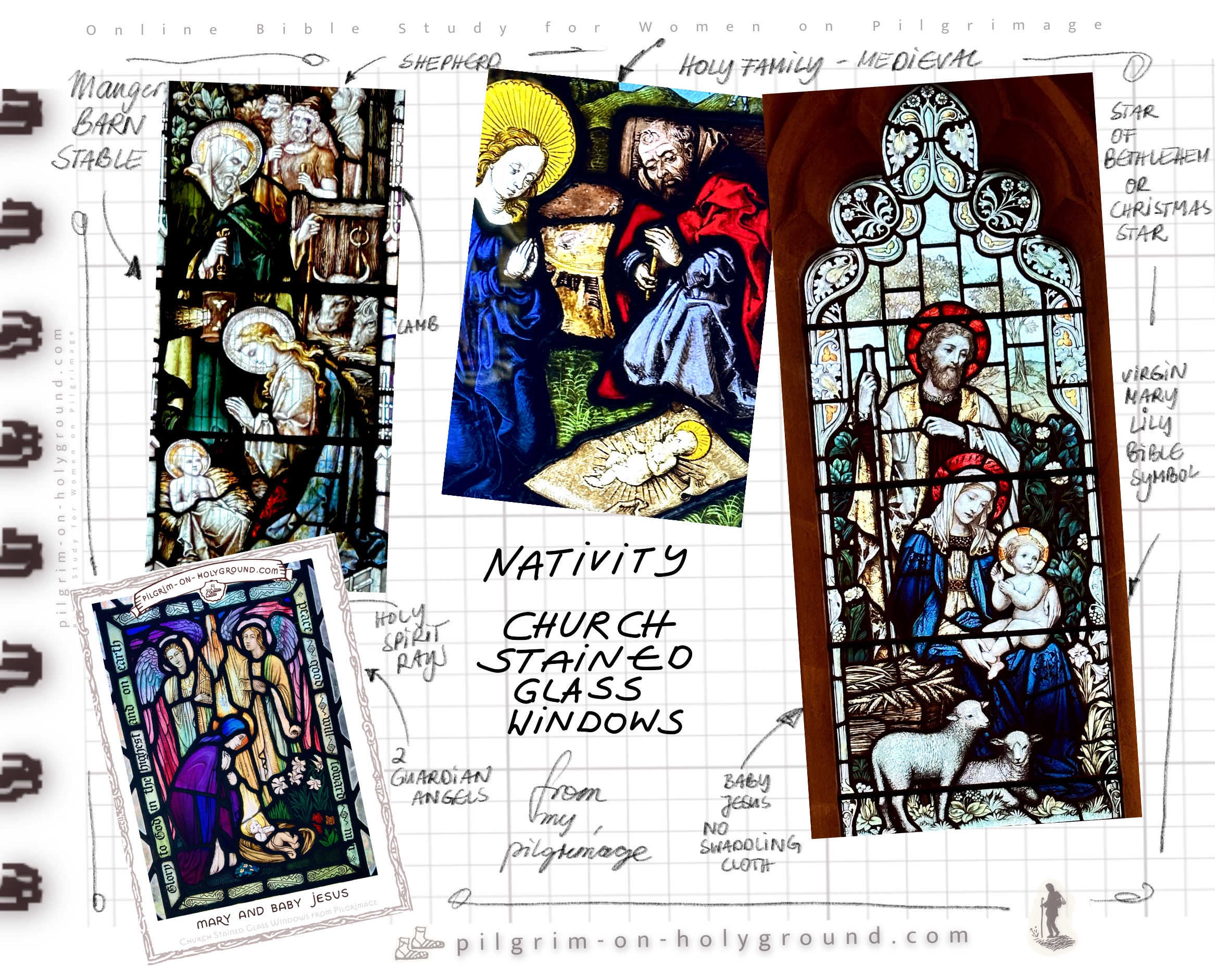 Closeups of Nativity Church Stained Glass Windows for Bible Study with Biblical Art, My pilgrimage travel art gallery, Mary, Joseph, Baby Jesus Stable Manger . Visio Divina and Bible Study for Women
