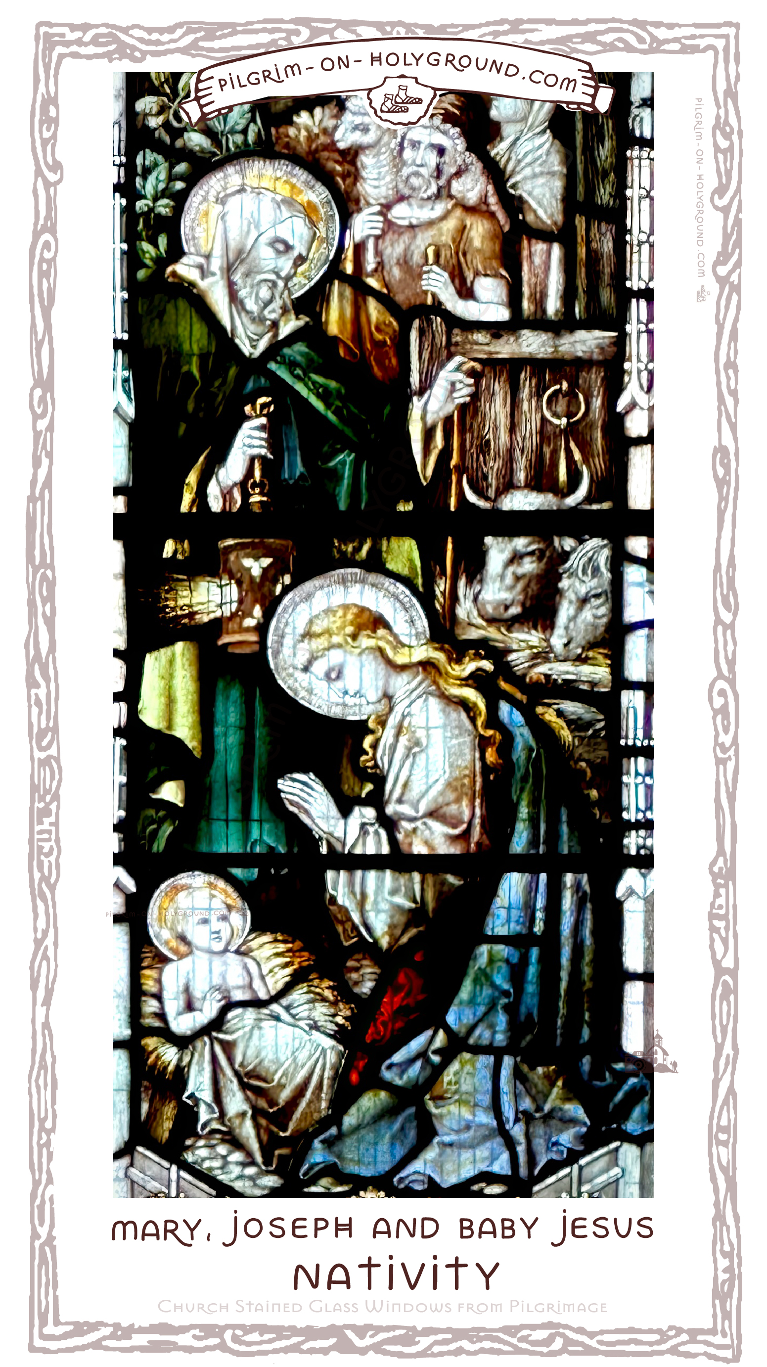 Saint Joseph is holding a beautifully drawn lantern light, it looks like a kind of metal forged with holes in it tht have a trinity foliate leaf symbol on them for the light to shine. Nativity Church Stained Glass windows , It is interesting to see Mother Mary rendered with bright blond falling hair locks, no head scarf or covering of any kind, just a white shining halo. She is wearing a white tunic type dress, a blue cloack with a little bright crimson red peeking through from either a coverlet or a dress tunic close to baby Jesus who is wrapped in swaddling cloth