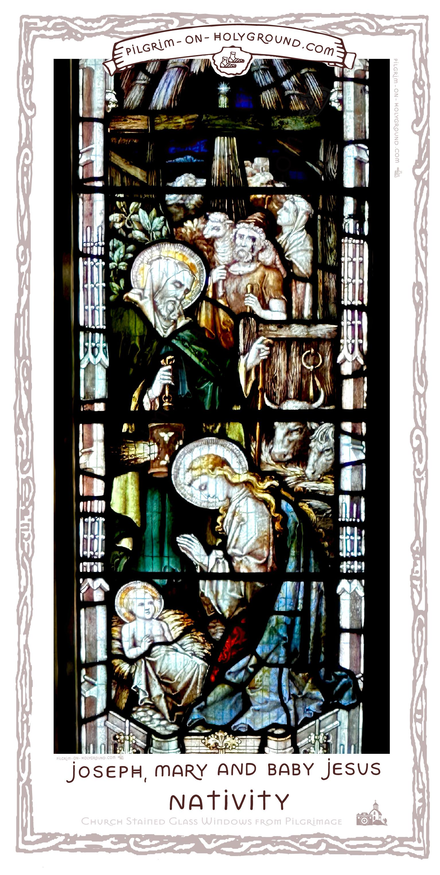 Joseph Mary and Baby Jesus in traditional manger barn stable scenes, with animal , sheep, cows, sometimes camels, a rustic setting in Bethlehem Nativity Church Stained Glass windows , It is interesting to see Mother Mary rendered with bright blond falling hair locks, no head scarf or covering of any kind, just a white shining halo. She is wearing a white tunic type dress, a blue cloack with a little bright crimson red peeking through from either a coverlet or a dress tunic close to baby Jesus who is wrapped in swaddling cloth