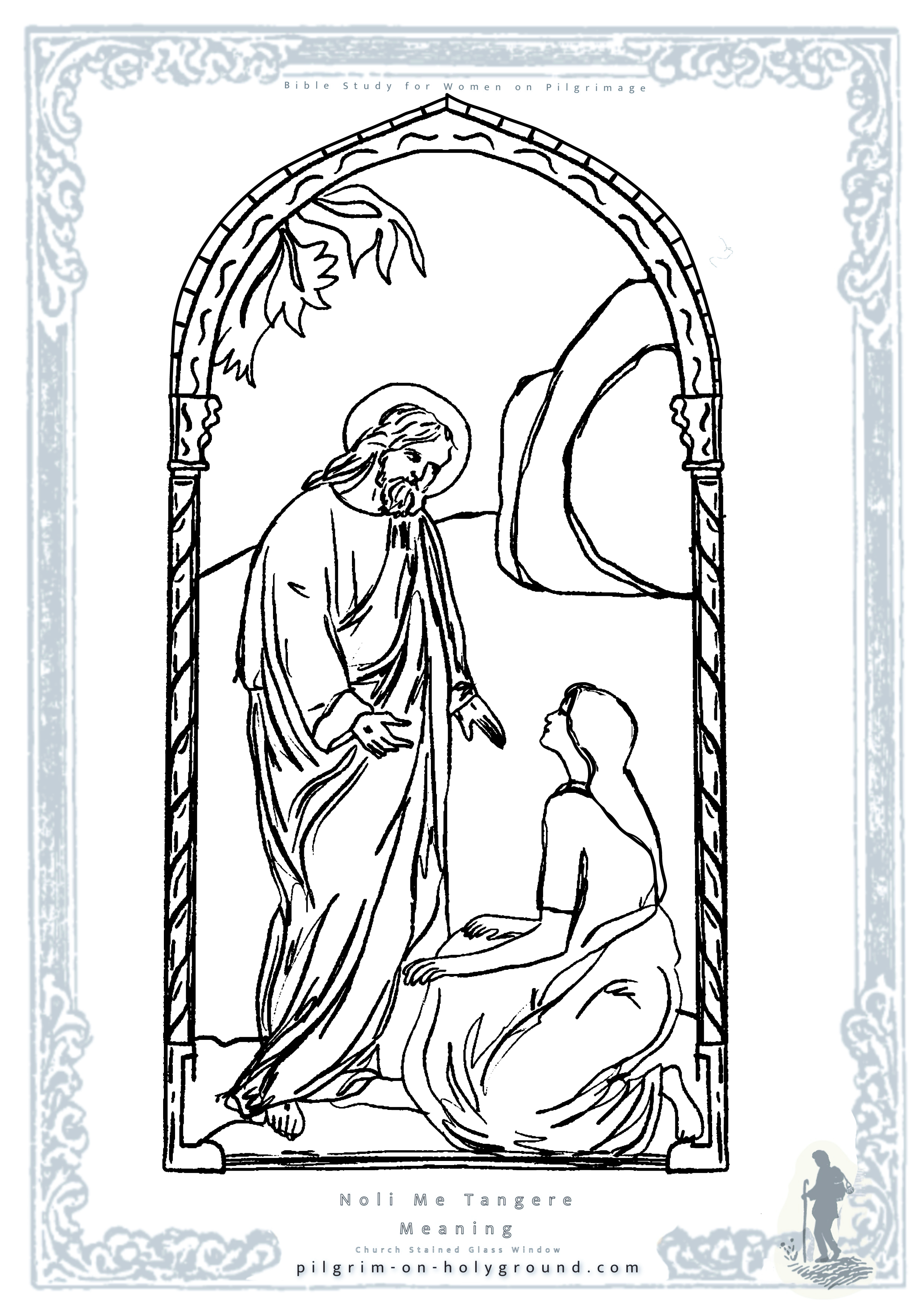 Jesus and Mary Magdalene at the Tomb, Noli ME Tangere - Touch me Not Scene ,Scripture Verse Matthew 3: 13-17 to color with space above for adding bible verse or personalising with contemplative prayer notes 
Coloring Pages for Adults 
Christian Bible Scripture Scenes