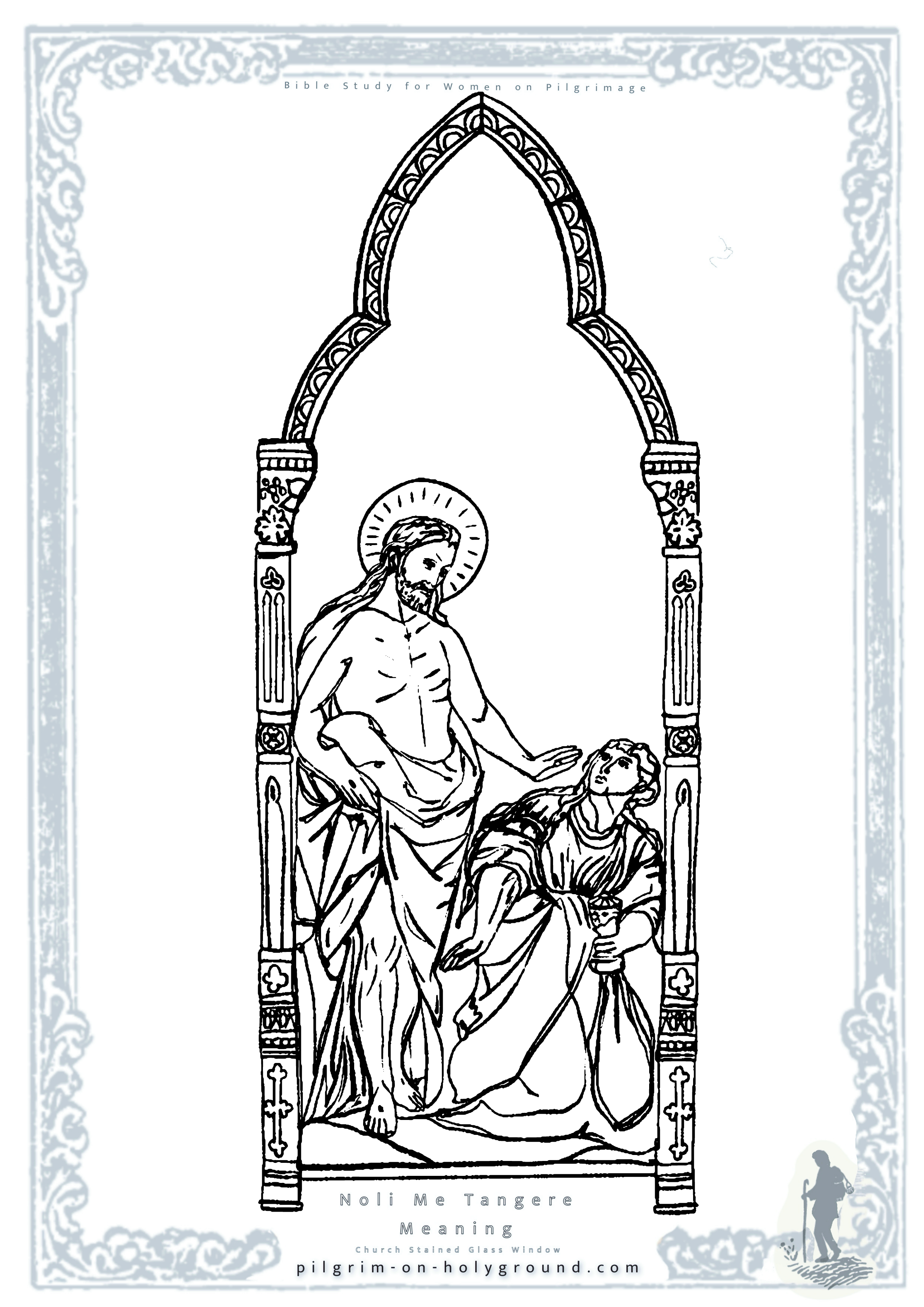 Jesus and Mary Magdalene at the Tomb, Noli ME Tangere - Touch me Not Scene ,Scripture Verse Matthew 3: 13-17 to color with space above for adding bible verse or personalising with contemplative prayer notes 
Coloring Pages for Adults 
Christian Bible Scripture Scenes