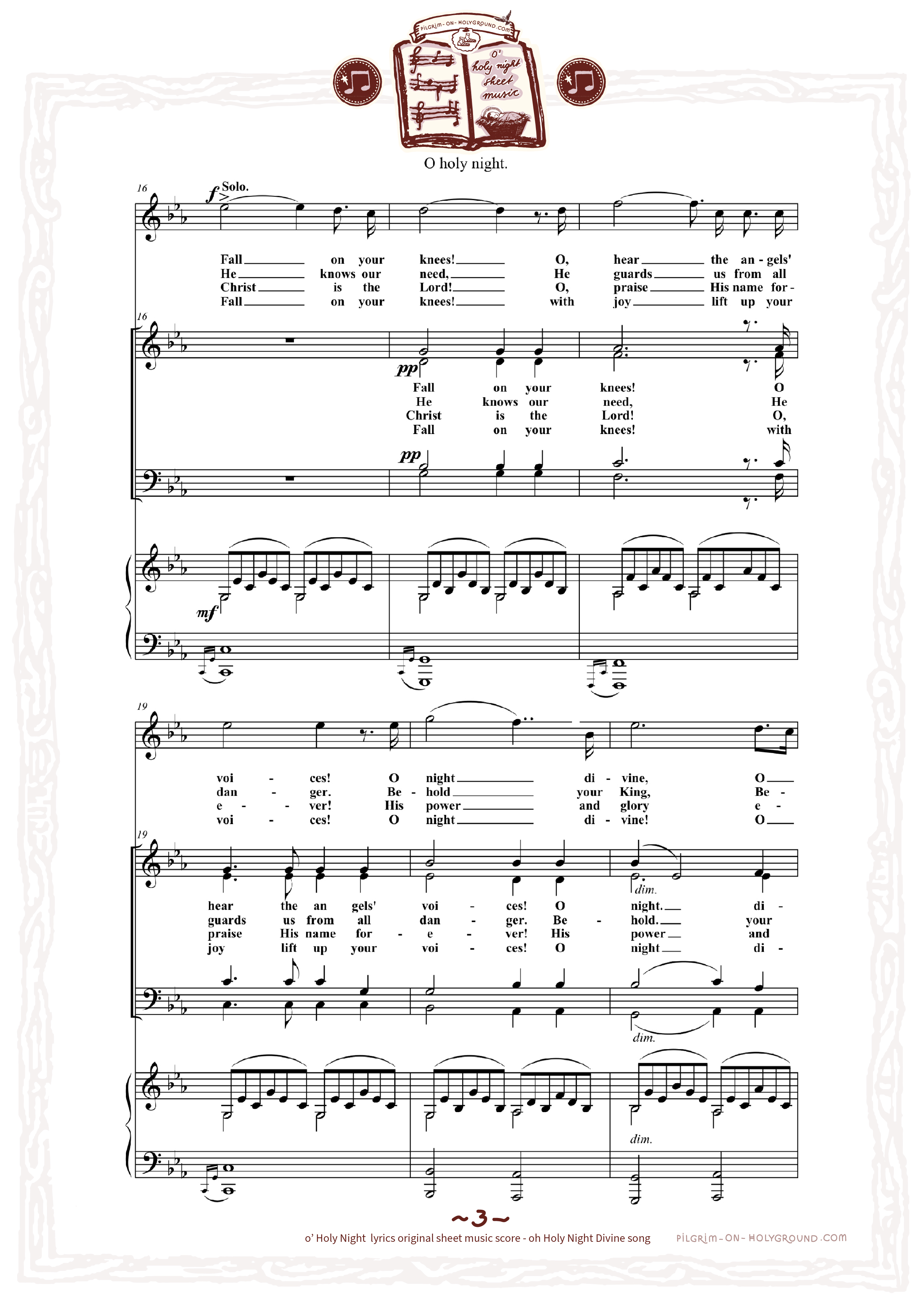 Printable o holy night sheet music score, Traditional classic free O Holy night song,  organised by page and lyrics words, Page 3 verse Music for Instrument and Voice with Chorus