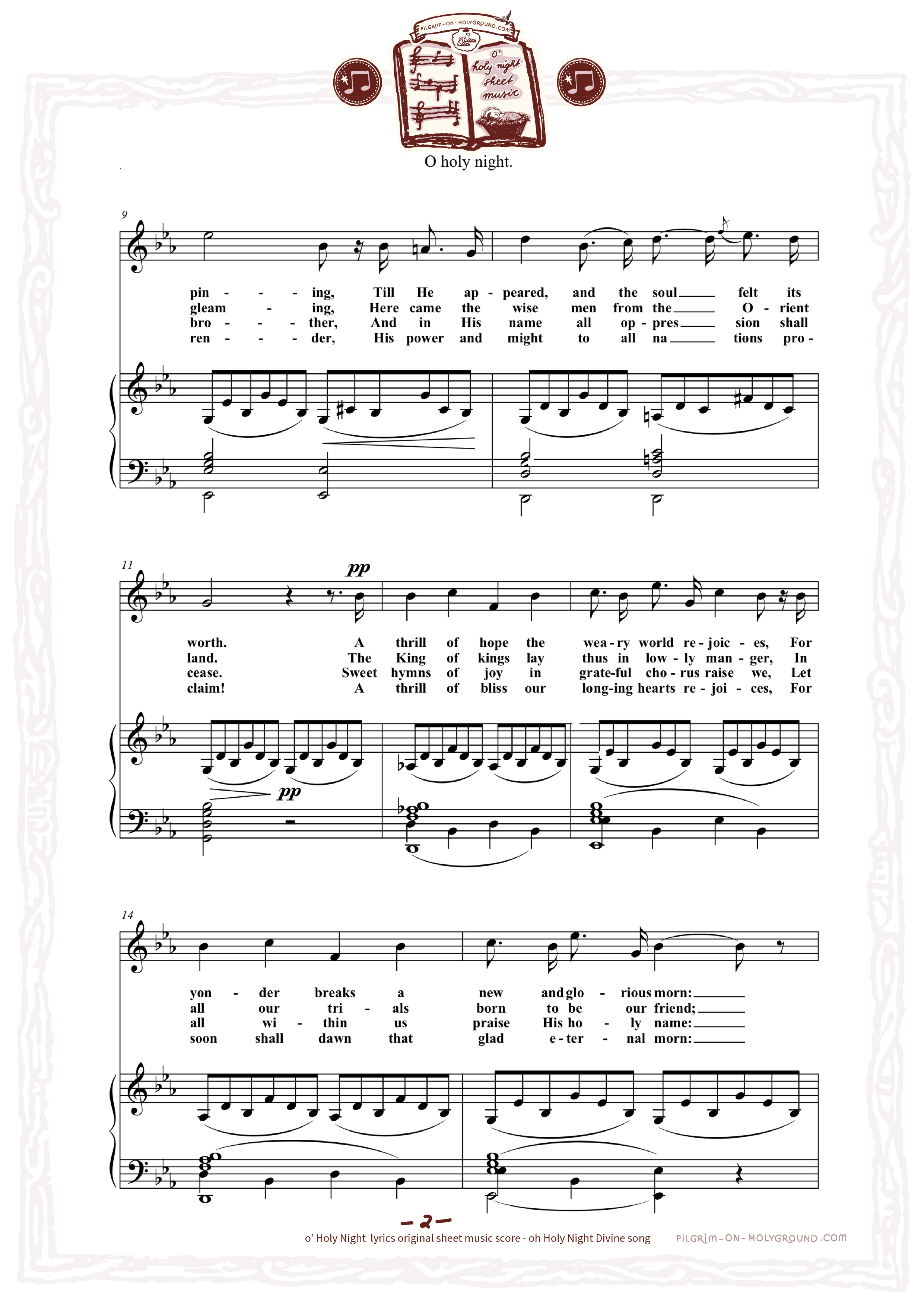 o holy night sheet music score, Traditional classic free Printable O Holy night song,  organised by page and lyrics words, Page 2 Music for Instrument and Voice with Chorus