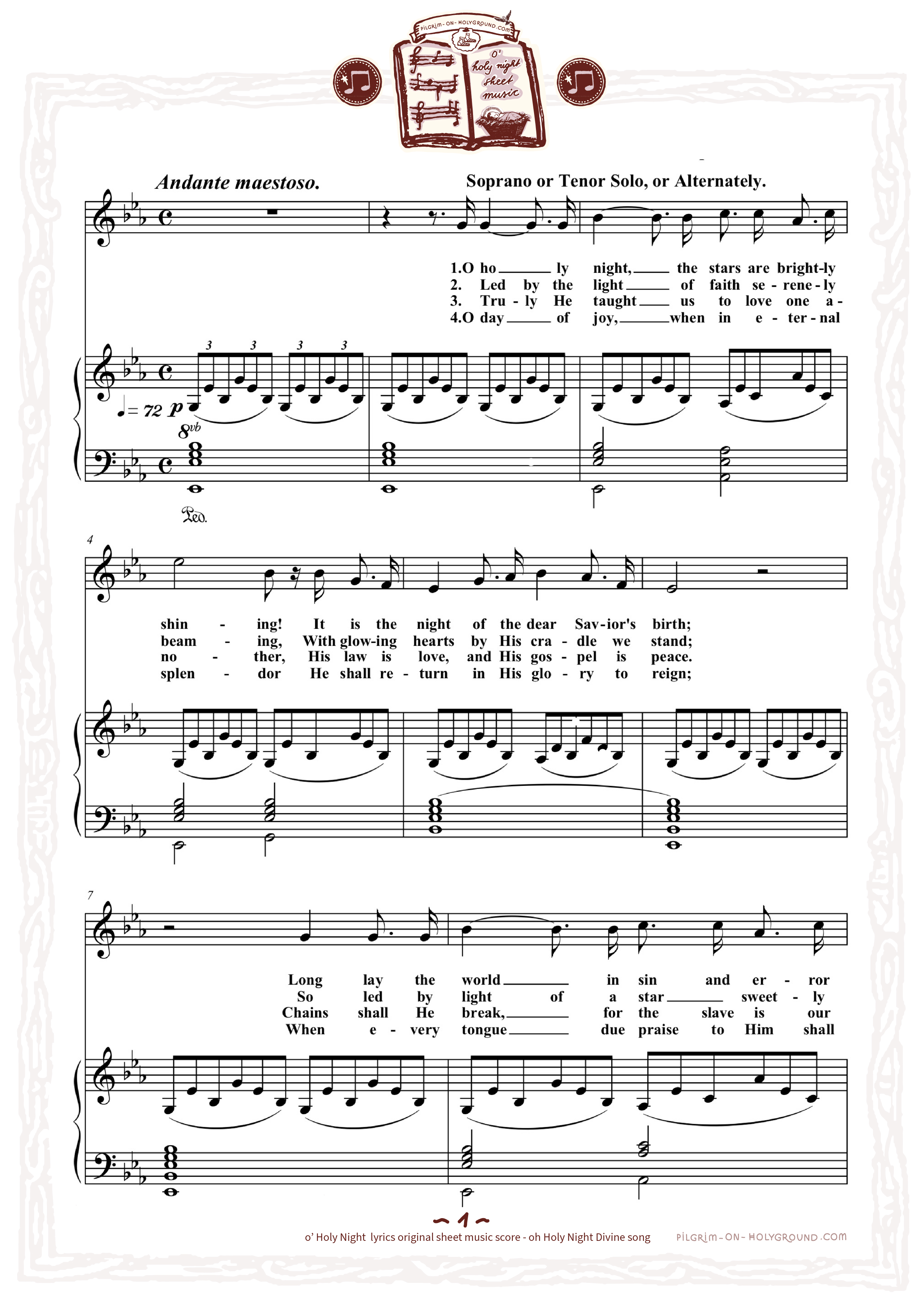 oh holy night sheet music score, Traditional classic free Printable Oh Holy night , night divine song,  organised by page and lyrics words, Page verse 1 Music for Instrument and Voice with Chorus