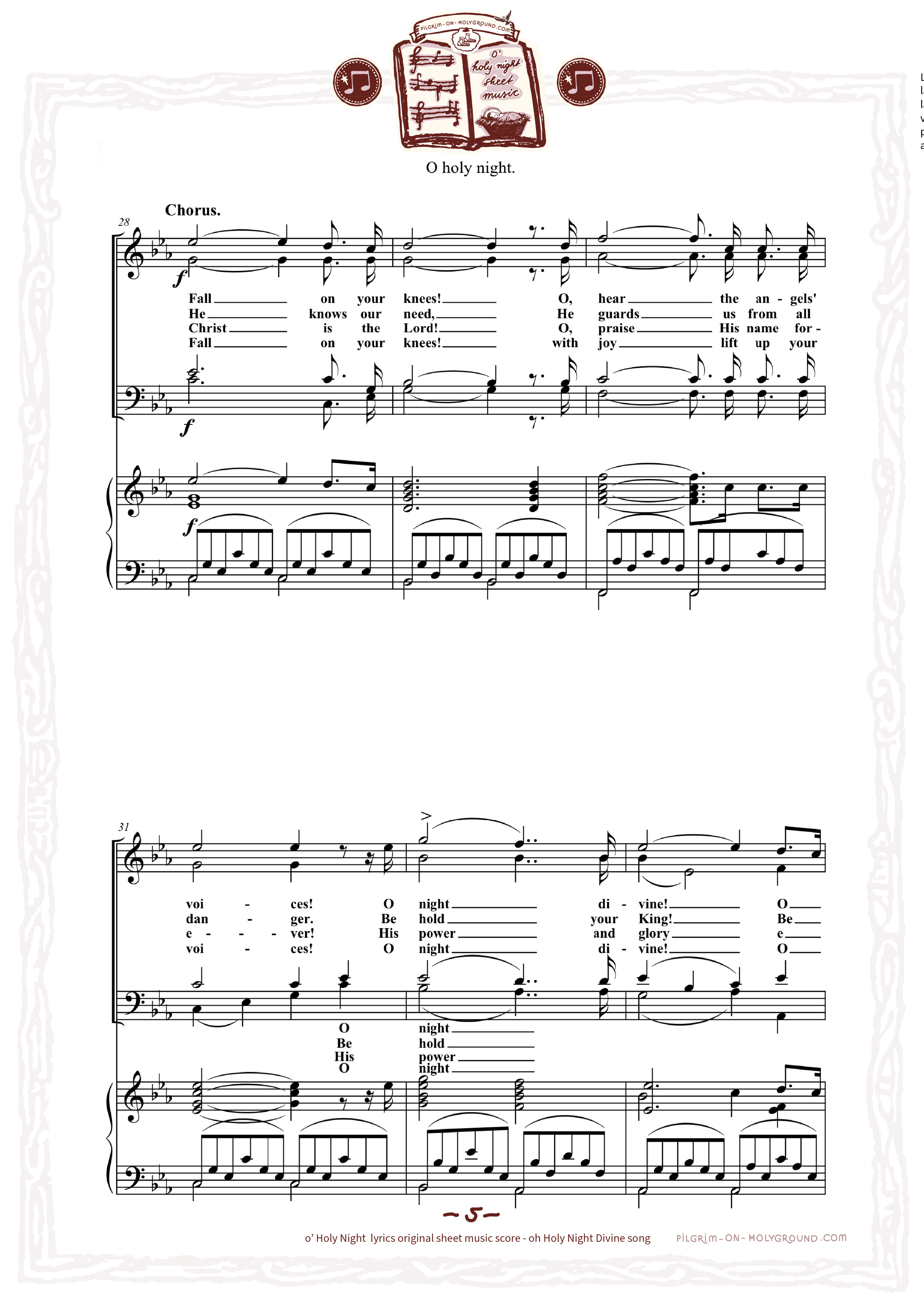 Traditional classic O Holy night song, Free printable o holy night sheet music score, organised by page and lyrics words, Page 6 Music for Instrument and Voice with Chorus