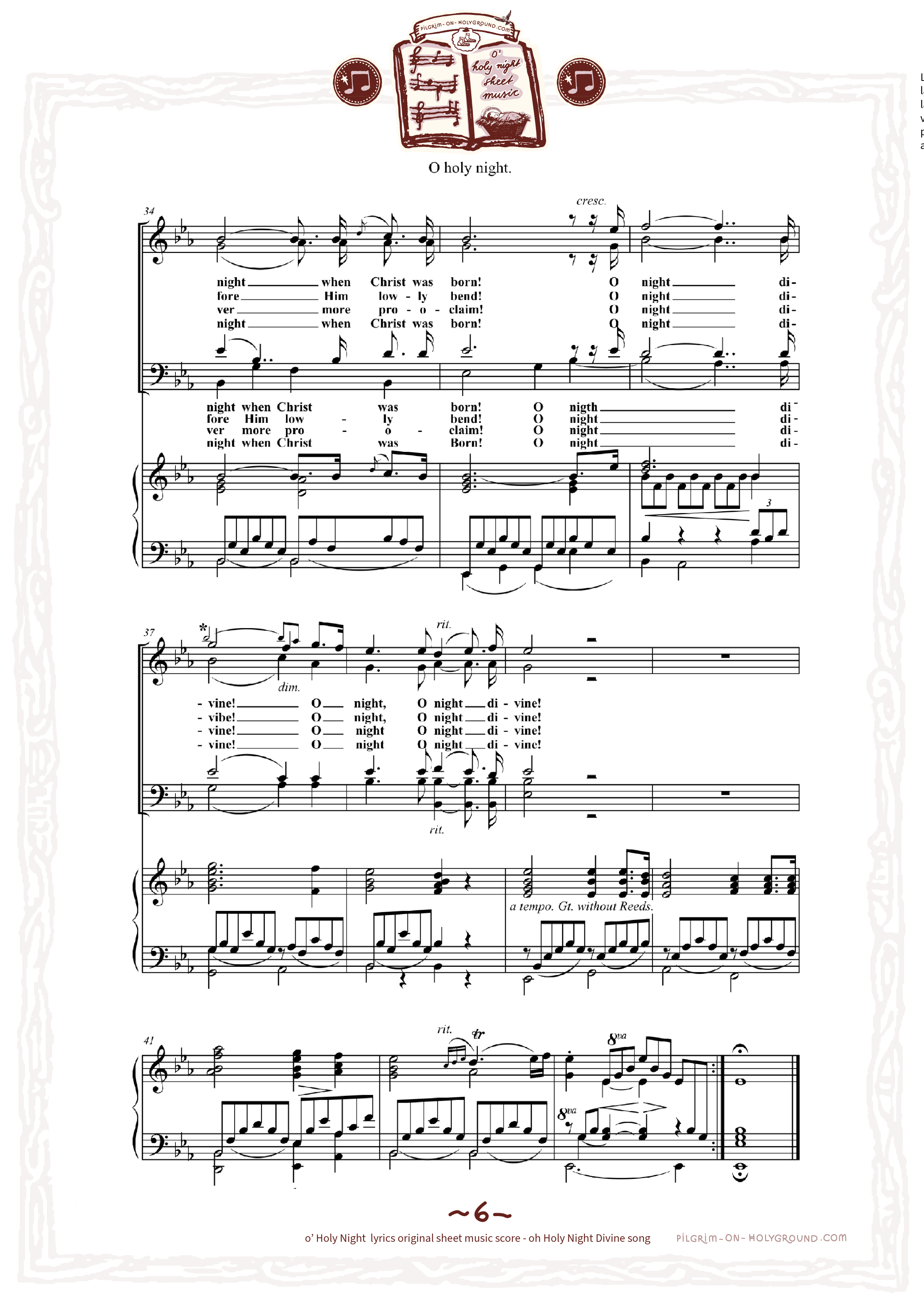 Traditional classic Oh Holy night song, Free printable o holy night sheet music score, organised by page and lyrics words, Page 6 Music Score sheet