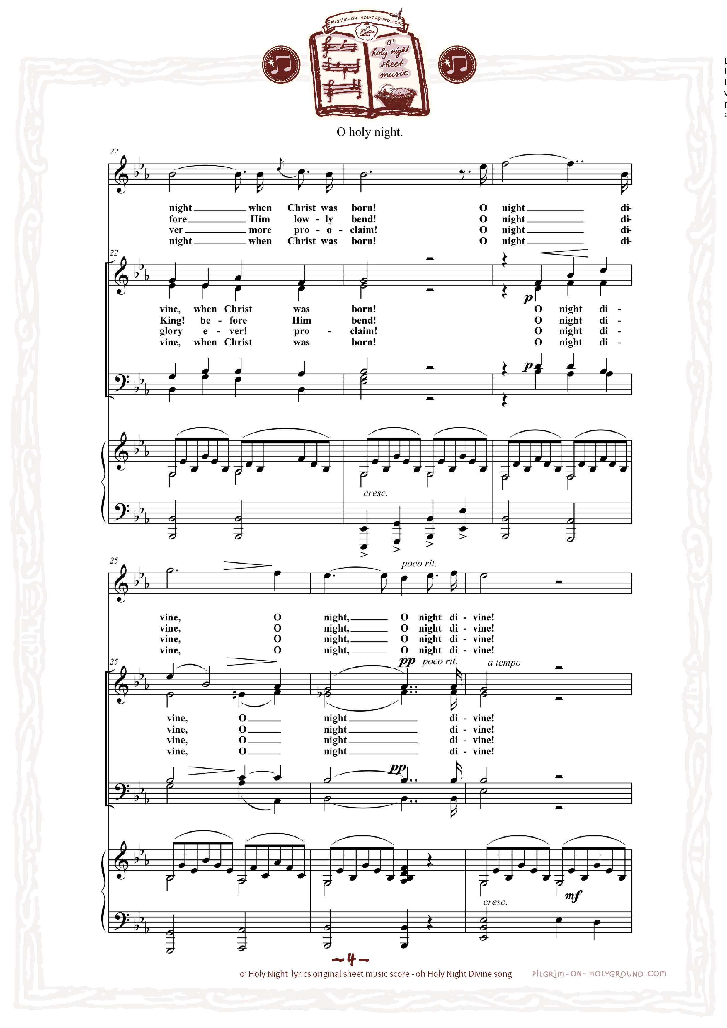 Free printable o holy night sheet music score, Traditional classic O Holy night song,  organised by page and lyrics words, Page 4 Music verse for Instrument and Voice with Chorus