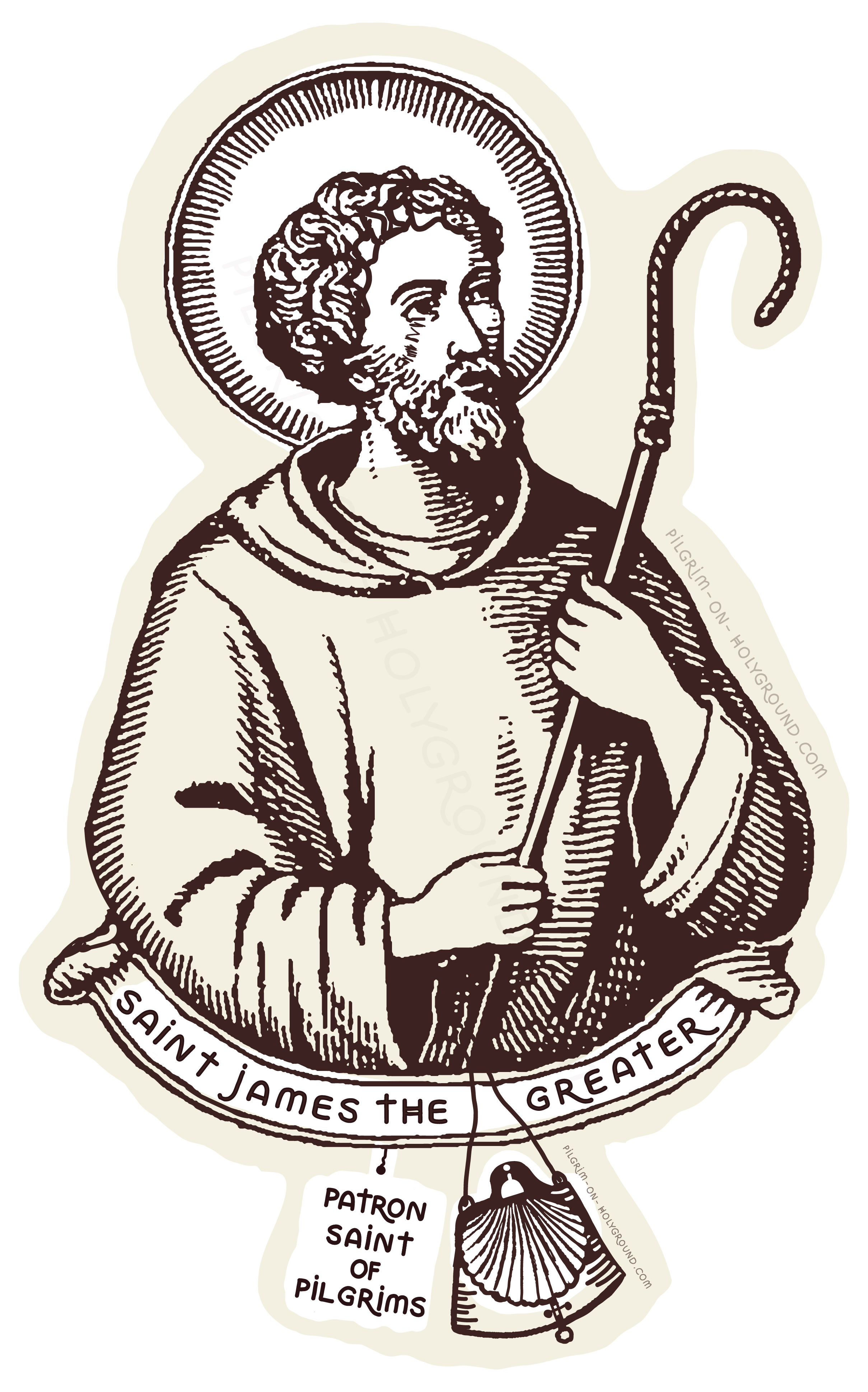 Picture of Saint James the Greater with santiago de compostela pilgrims shell with the St James Cross and pilgrims walking staff . At Pilgrim on Holyground