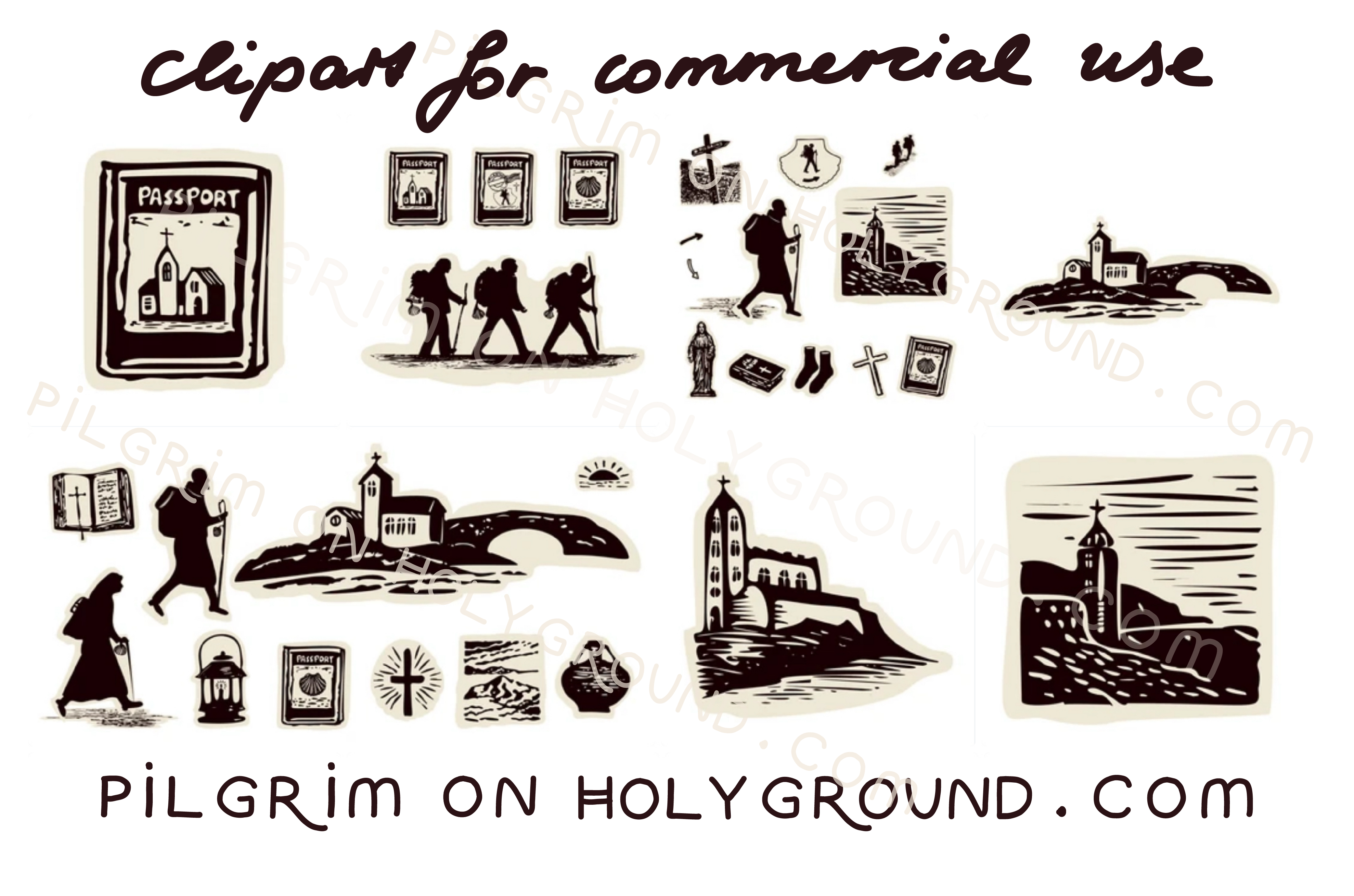 Black and White Bible Study Clipart Camino Pilgrimage and Pilgrims Way Icon Set for Bible Journaling, Commercial Use License from Shutterstock 