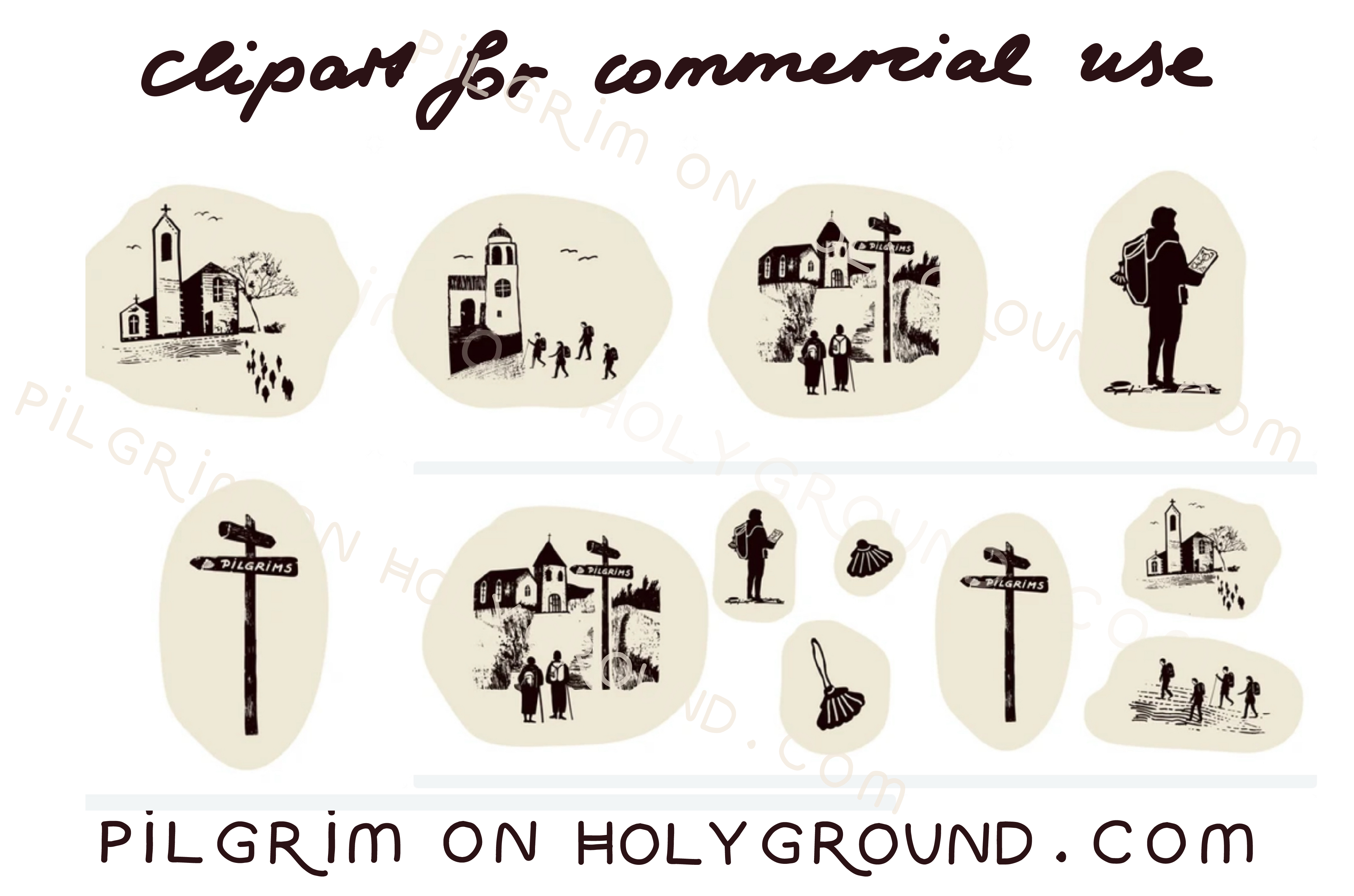Bible Study Clipart for Women on Pilgrimage, from Black and White Camino Santiago de Compostela to Canterbury Pilgrim's way Graphics for Commercial use Clip Art