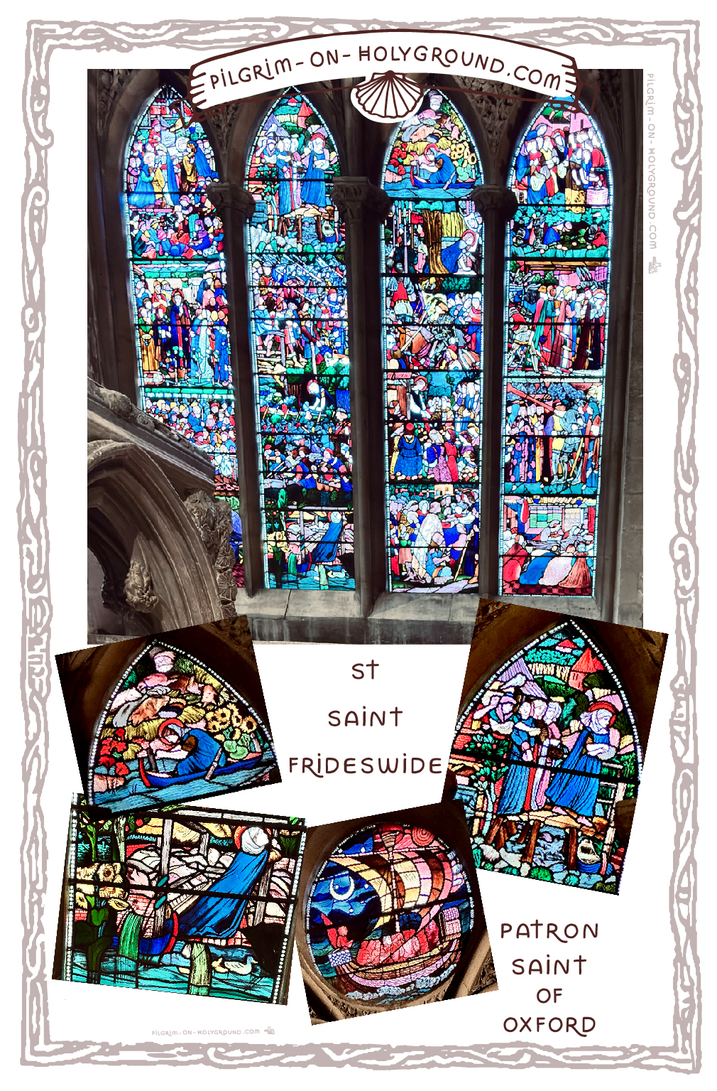 St Frideswide Patron Saint of Oxford Pilgrimage Church Stained Glass Windows at Christ Church Cathedral Shrine at Pilgrim on HolyGround