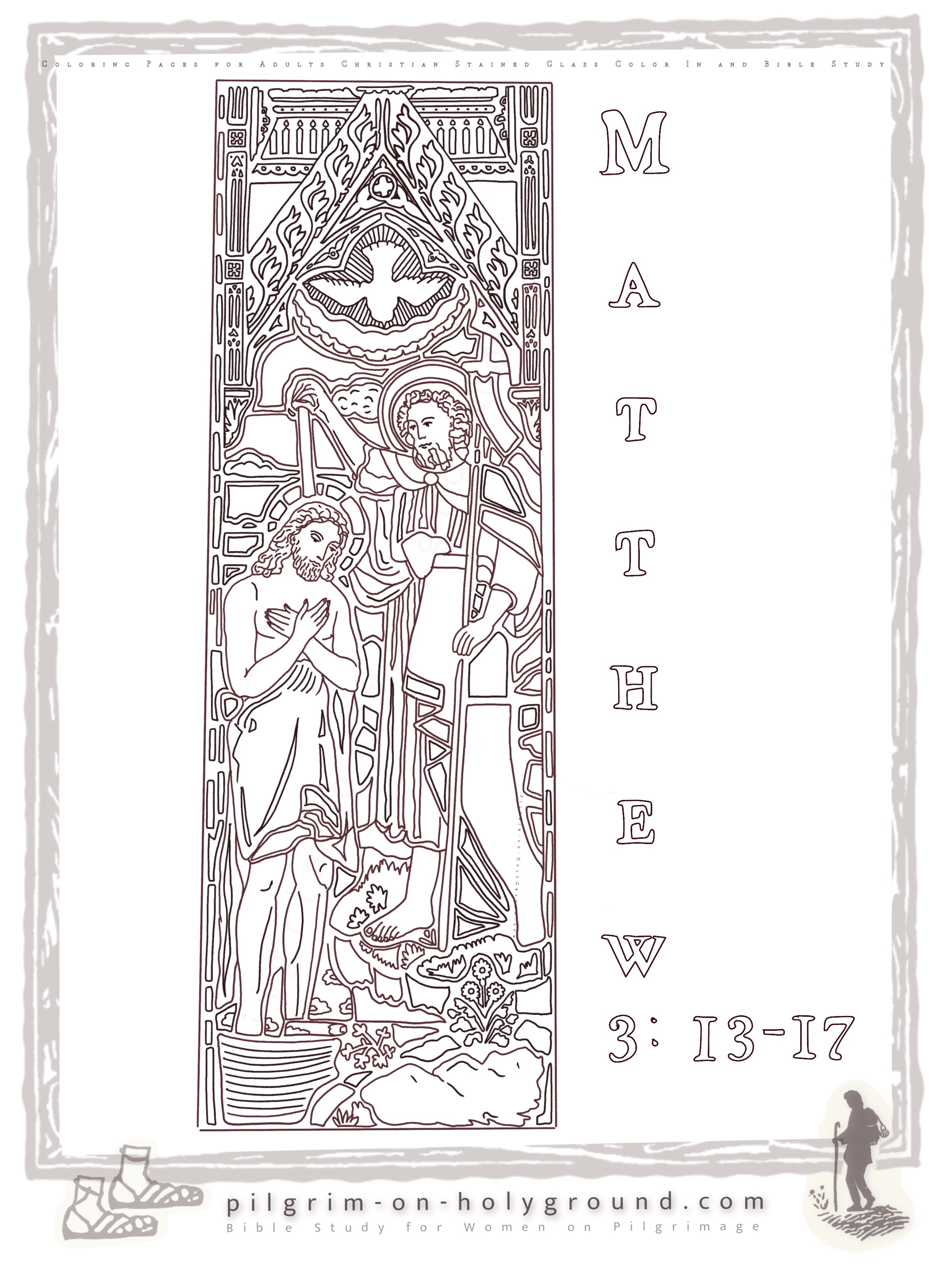 Jesus and John the Baptist at the Jordan River with the holy spirit dove. this stained glass windows coloring page is 

Scripture Bible Coloring Pages for Adults