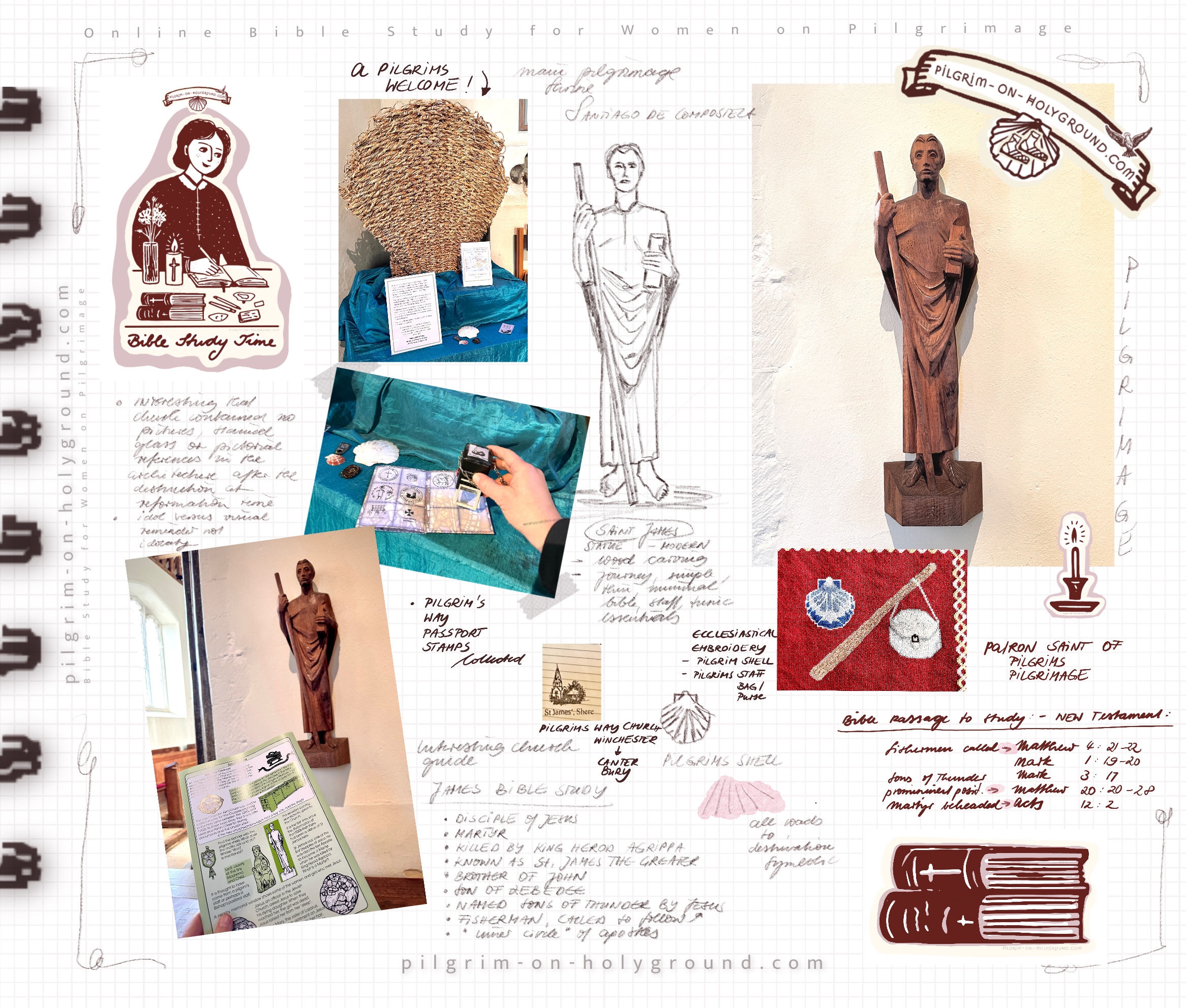 The pilgrims way England Winchester to Canterbury, Journal page for Shere pilgrimage church in Surrey with Saint James Patron Saint Statue at Pilgrim on HolyGround