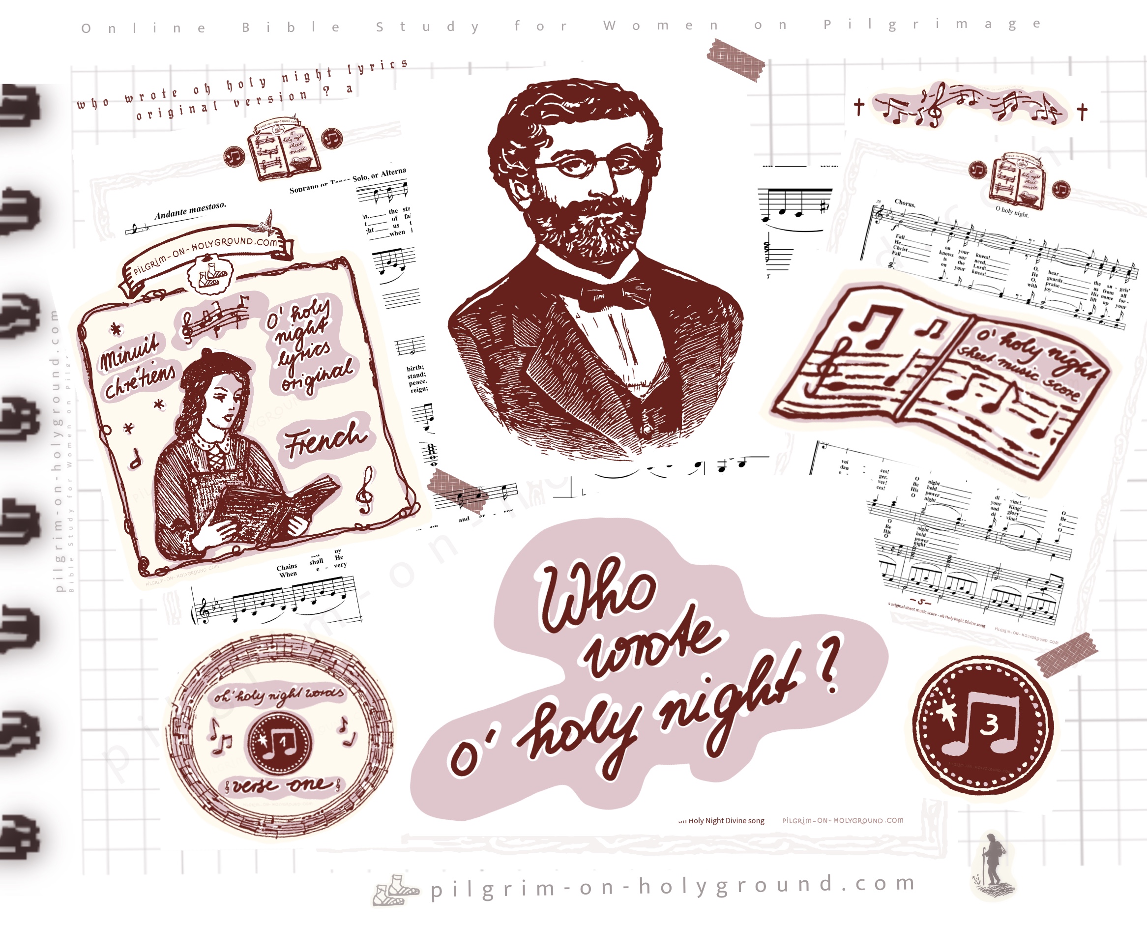 Who wrote o holy night original song ? Lyrics, words, Portrait of Composer Adolphe Adams , Placide Cappeau, translated into english by John Sullivan Dwight picture, Free printable Christmas Music Song Sheet original