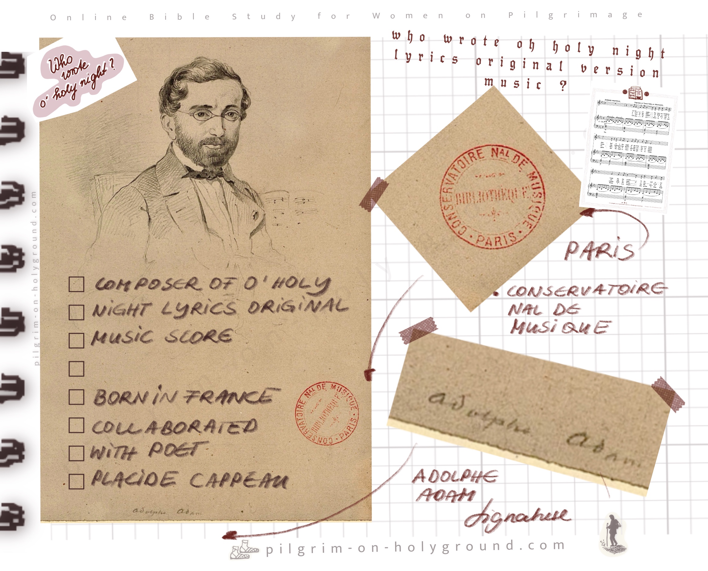 Who wrote o holy night original song ? Lyrics, words, Portrait of Composer Adolphe Adams , Placide Cappeau, translated into english by John Sullivan Dwight picture, Free printable Christmas Music Song Sheet original