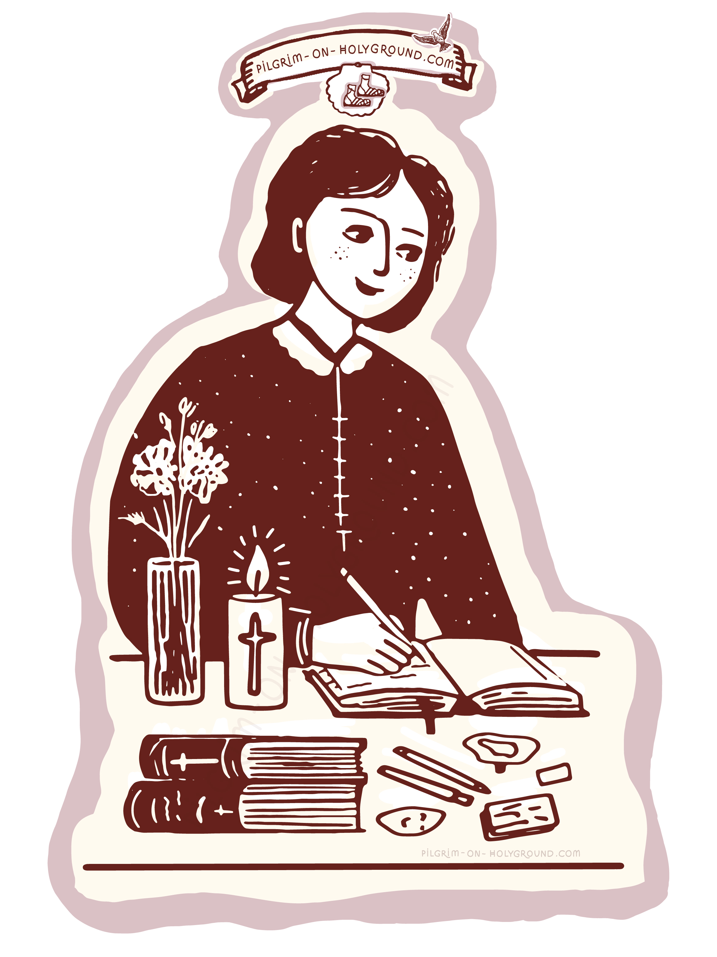 Womens Bible Study Clipart Free Picture of Woman sitting on Table with Journaling Pen, Candle and Stack of Bibles at Pilgrim on HolyGround