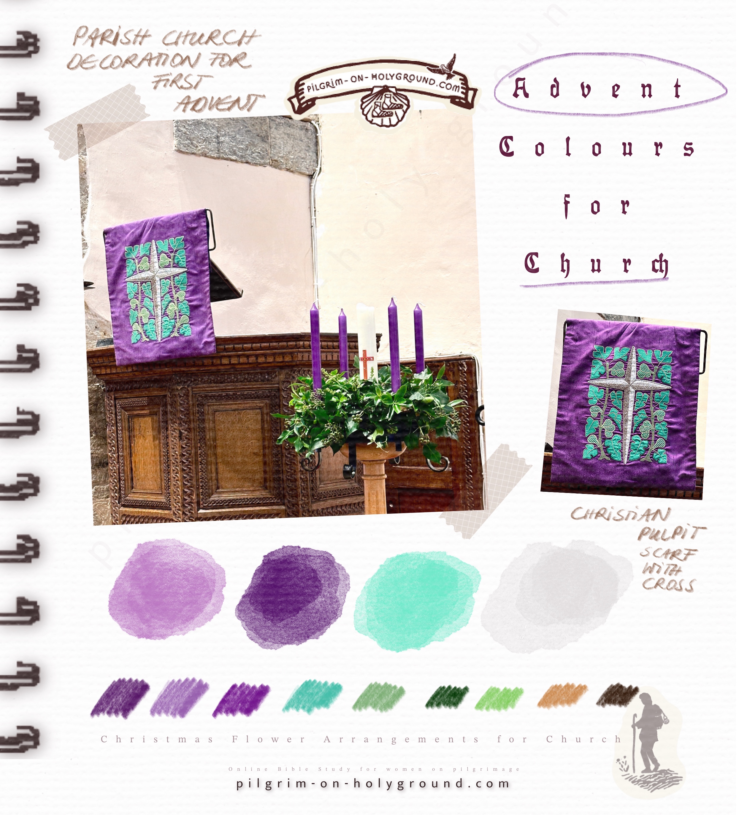 Traditional Church Colours for Advent decor. Printable Advent Wreath Candles Inspiration, my Pilgrimage Photos of Floral Arrangements for Christmas Church Decor
